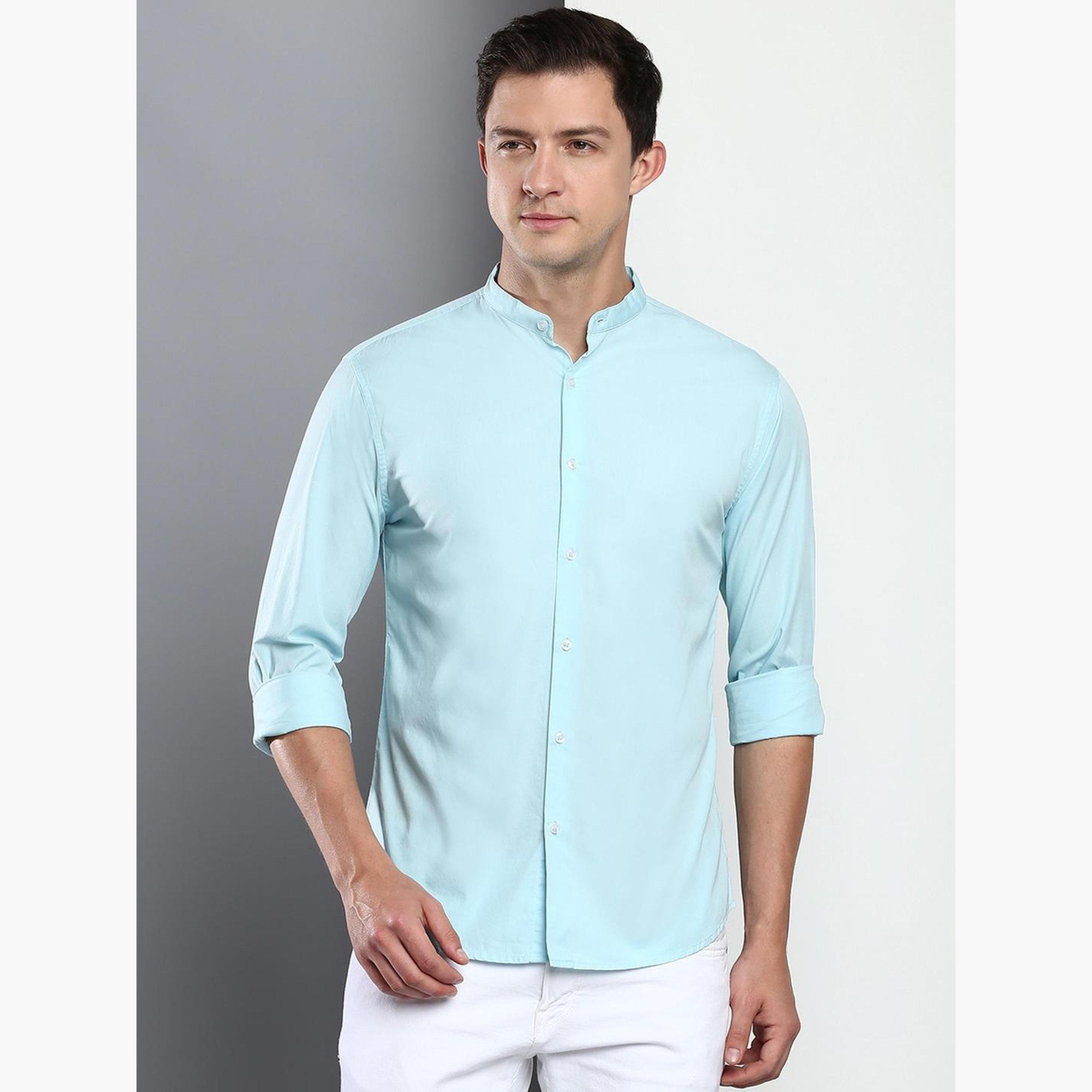 Dennis Lingo Men Turquoise Stand Collar Cotton Shirt-men-clothing-shirts-image-1