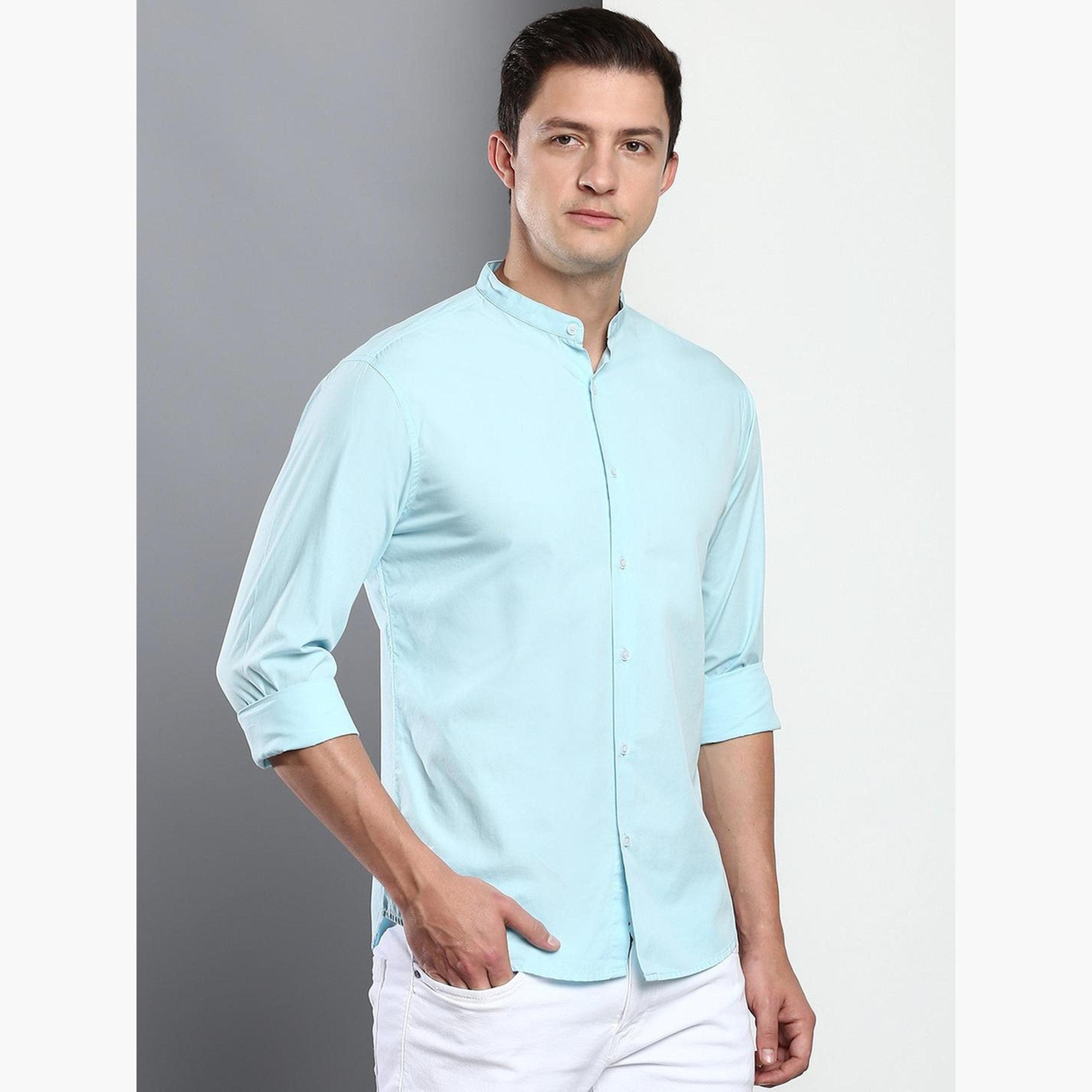 Dennis Lingo Men Turquoise Stand Collar Cotton Shirt-men-clothing-shirts-image-2