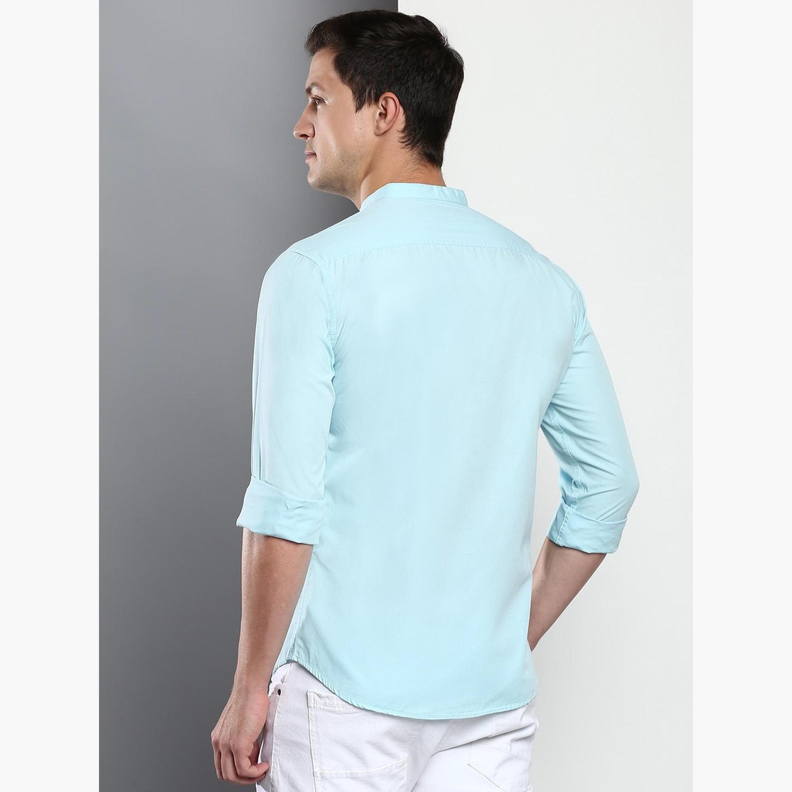 Dennis Lingo Men Turquoise Stand Collar Cotton Shirt-men-clothing-shirts-image-3