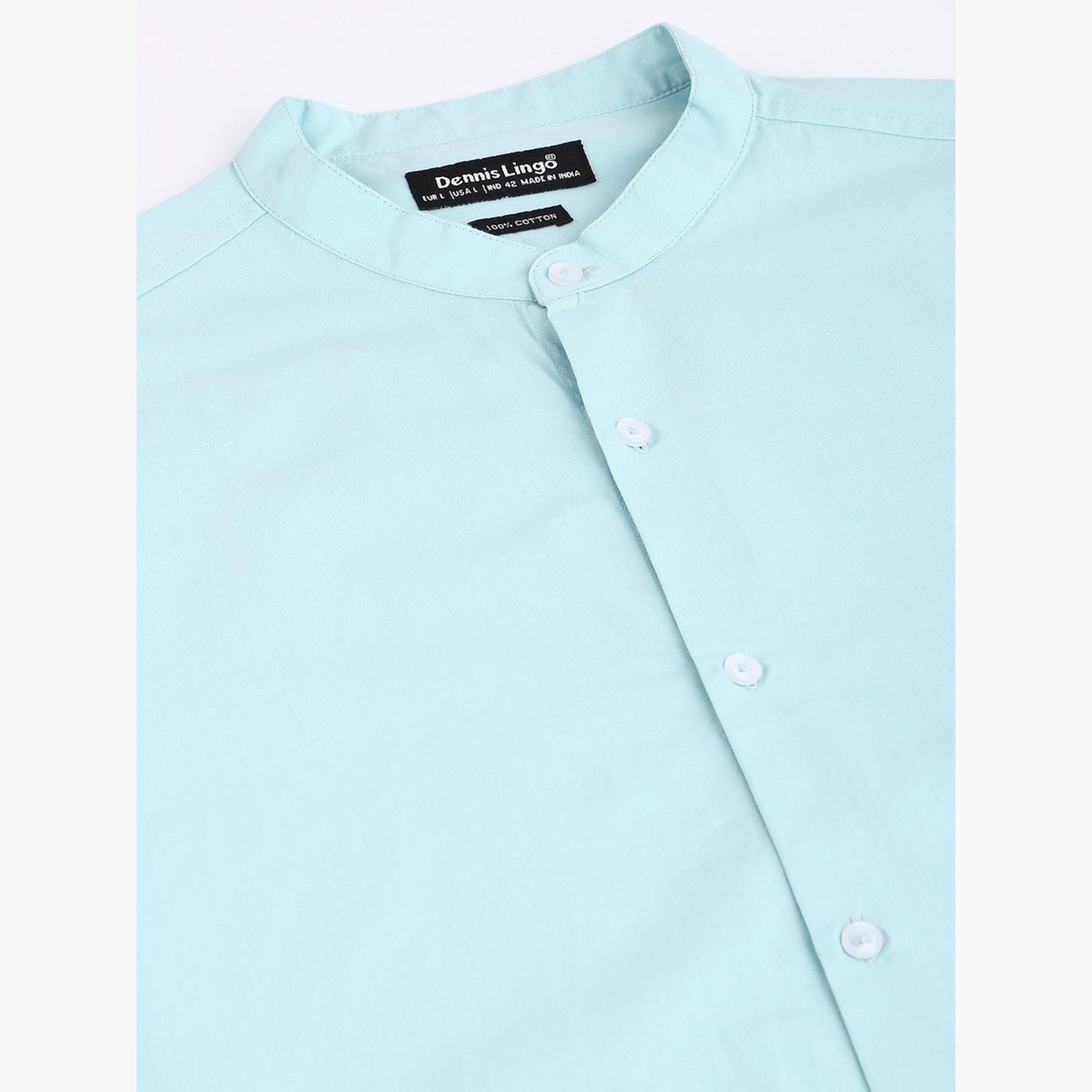 Dennis Lingo Men Turquoise Stand Collar Cotton Shirt-men-clothing-shirts-image-4