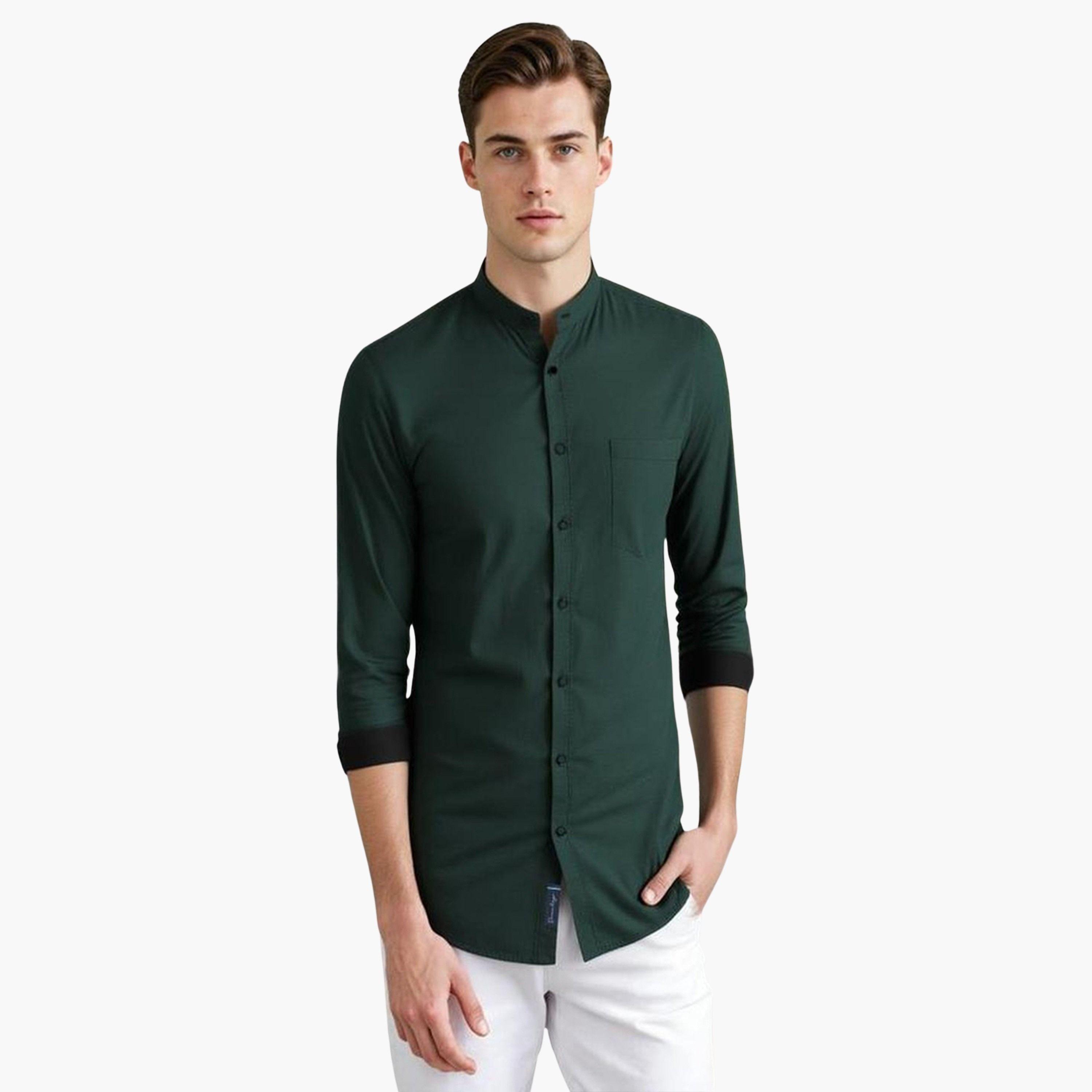 Dennis Lingo Men Solid Mandarin Collar Casual Shirt-men-clothing-shirts-image-1