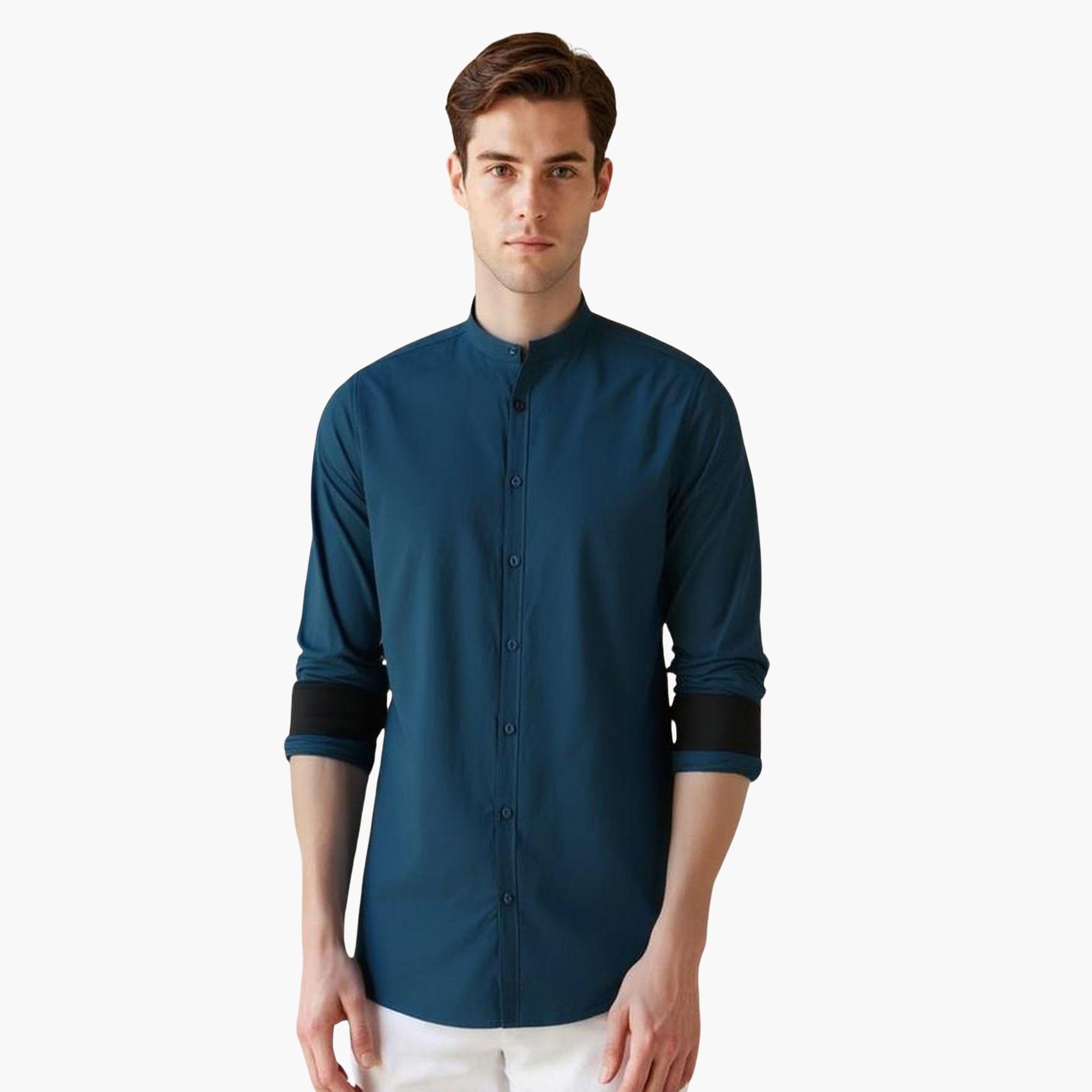 Dennis Lingo Men Solid Mandarin Collar Casual Shirt-men-clothing-shirts-image-1