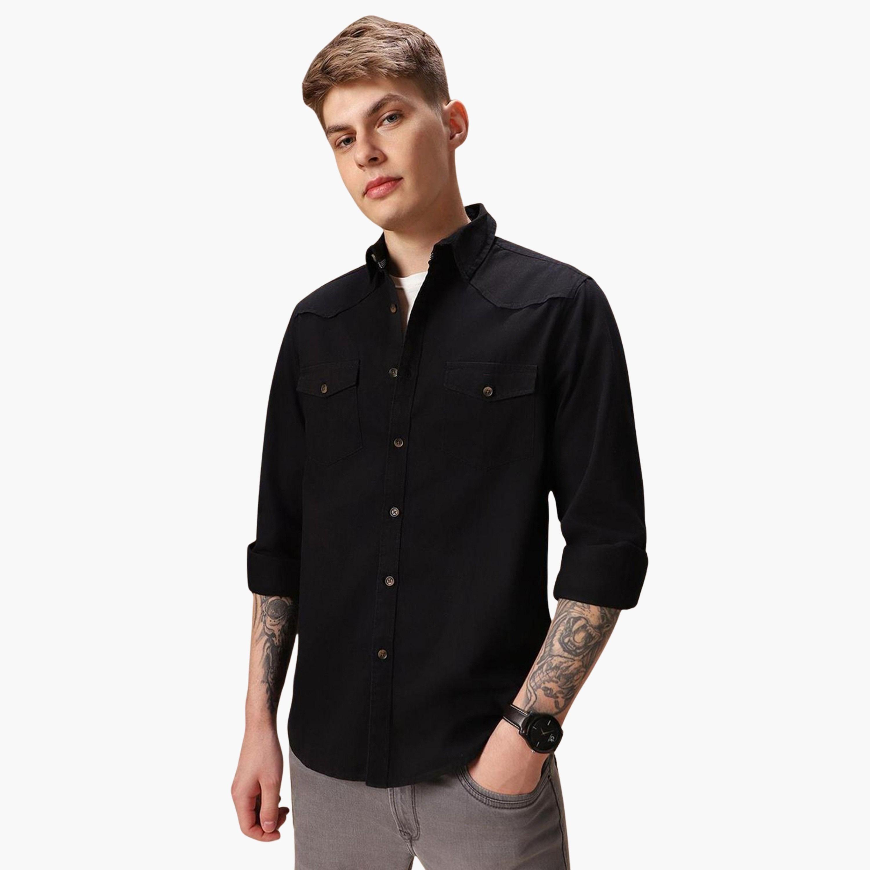 دينيس لينغو - قميص رجالي كاجوال قطن سادة بياقة ضيقة-men-clothing-shirts-image-1