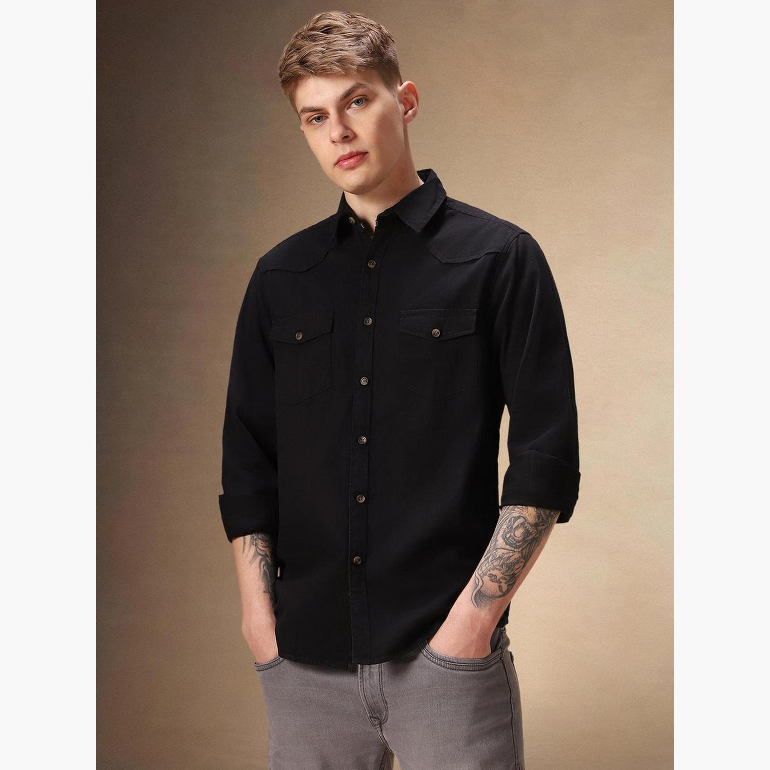 Dennis Lingo Men Slim Collar Solid Cotton Casual Shirt-men-clothing-shirts-image-2