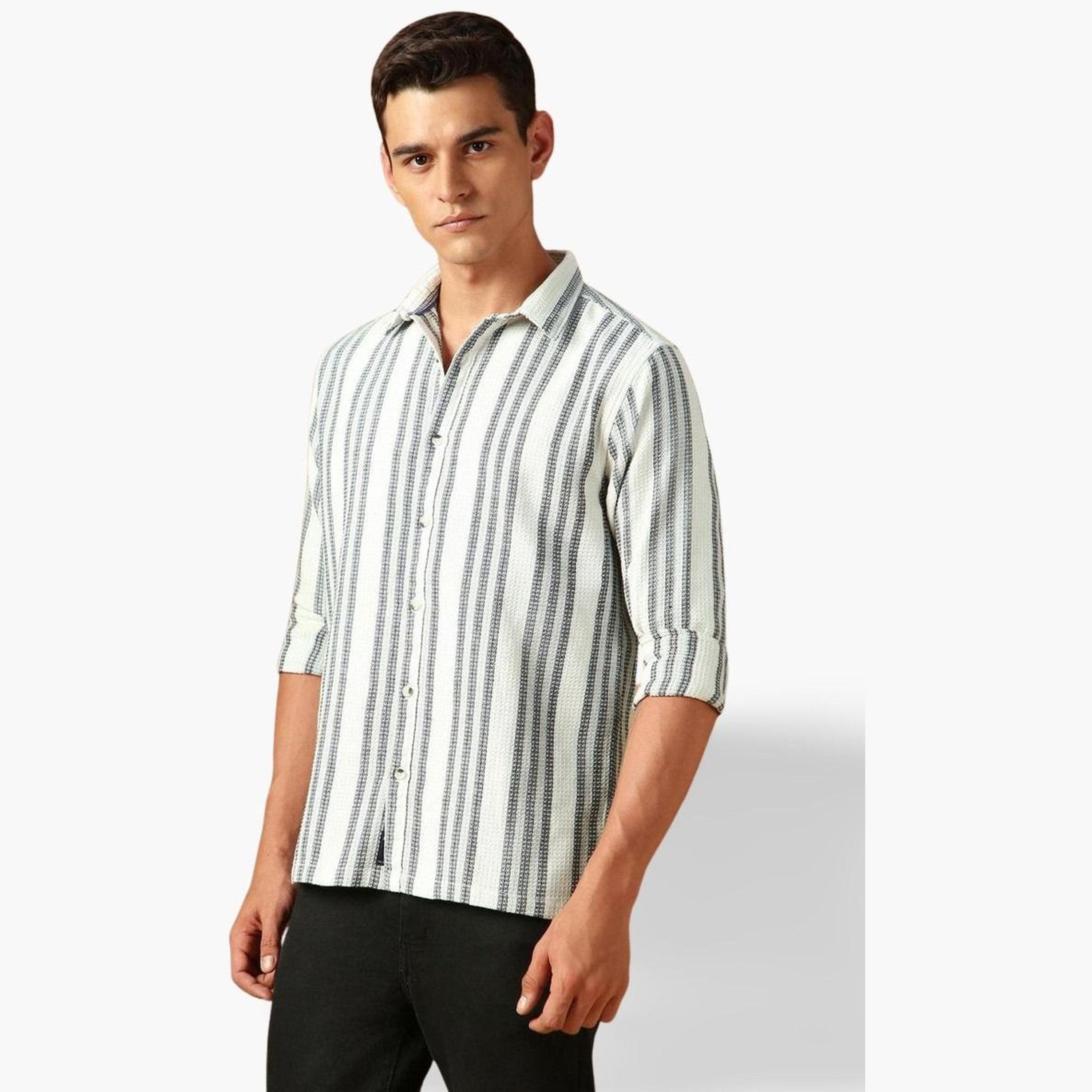 Dennis Lingo Men White Striped Spread Collar Shirt-men-clothing-shirts-image-1