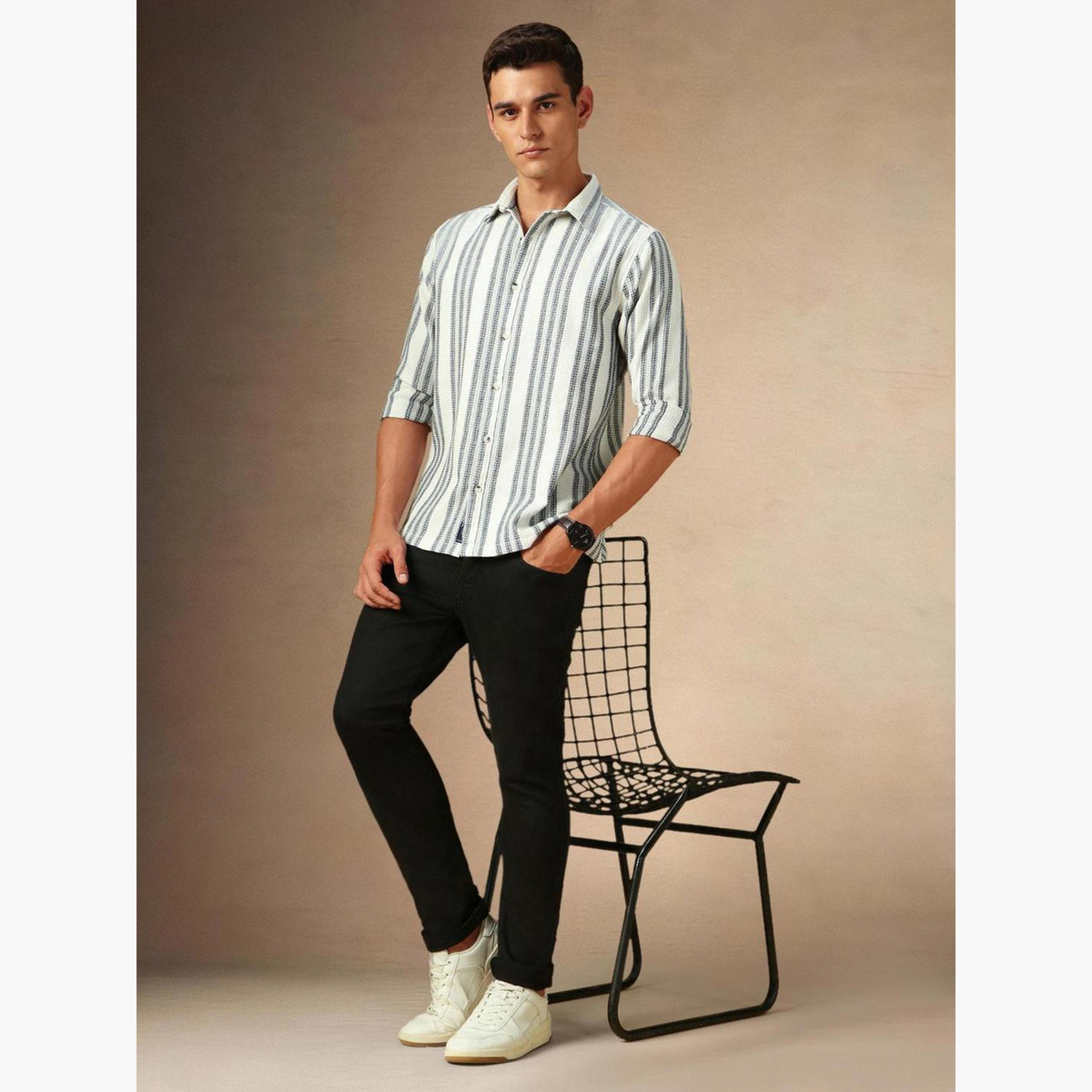 دينيس لينغو - قميص رجالي مخطط أبيض بياقة واسعة-men-clothing-shirts-image-2