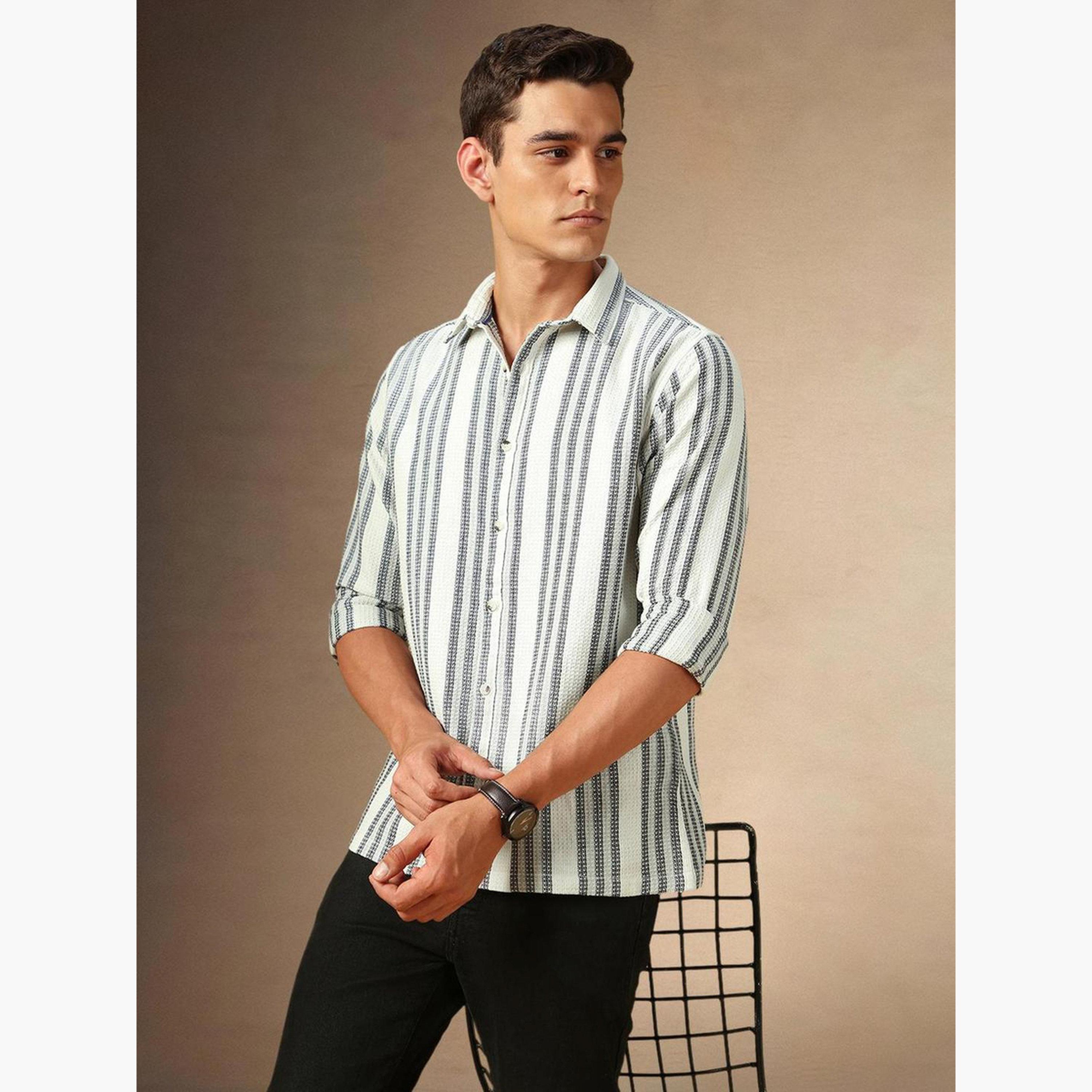 Dennis Lingo Men White Striped Spread Collar Shirt-men-clothing-shirts-image-4