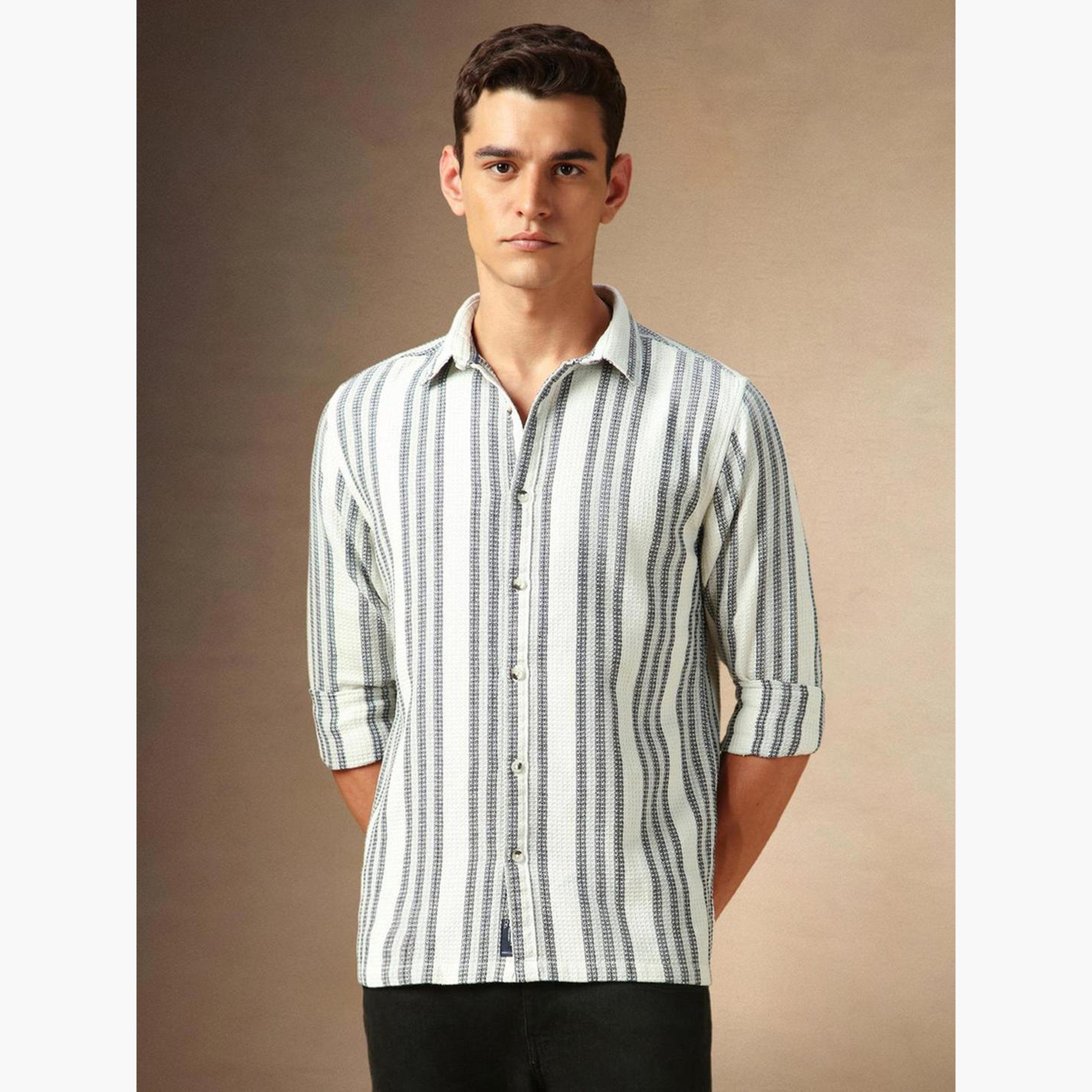 Dennis Lingo Men White Striped Spread Collar Shirt-men-clothing-shirts-image-5