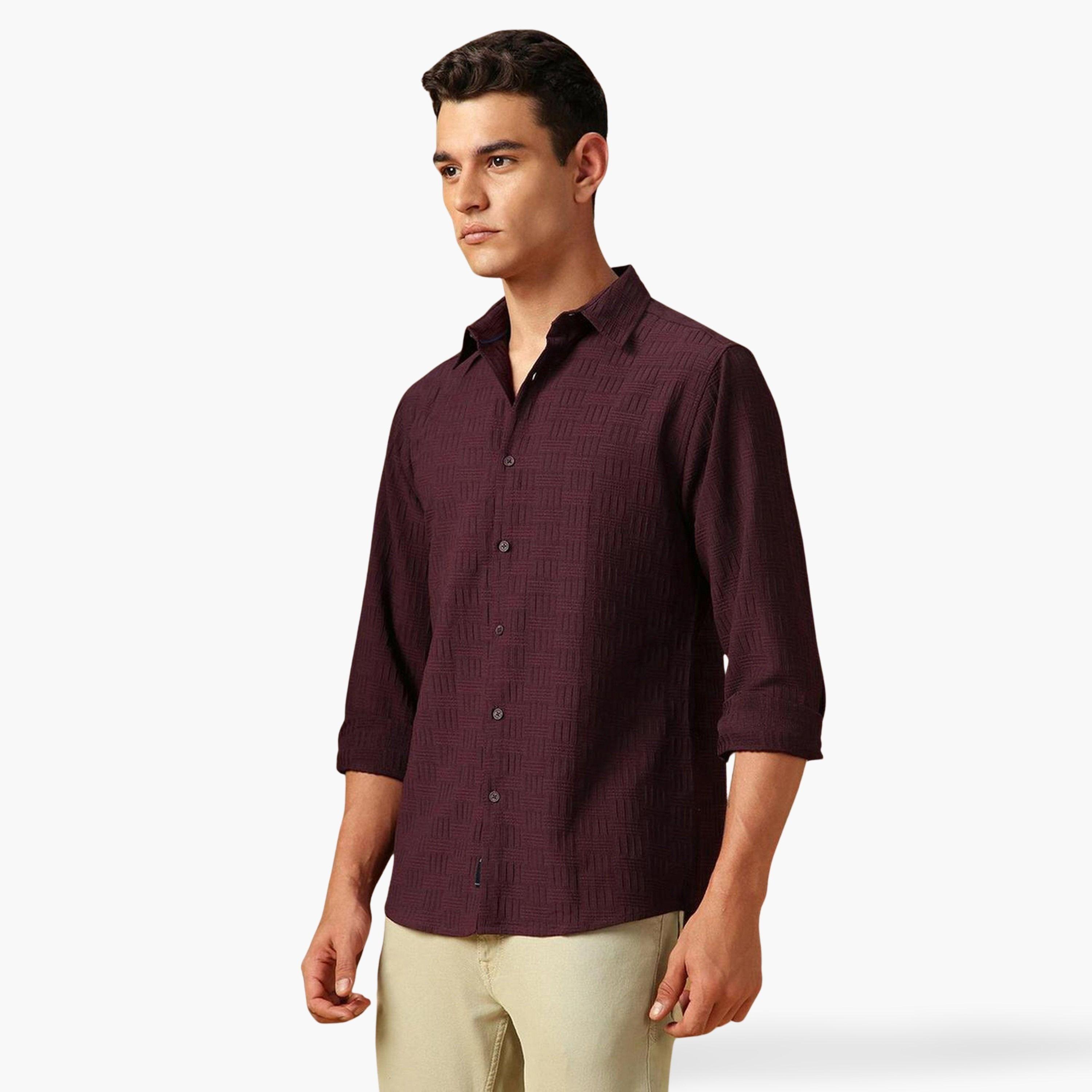 Dennis Lingo Men Maroon Textured Spread Collar Shirt-men-clothing-shirts-image-1