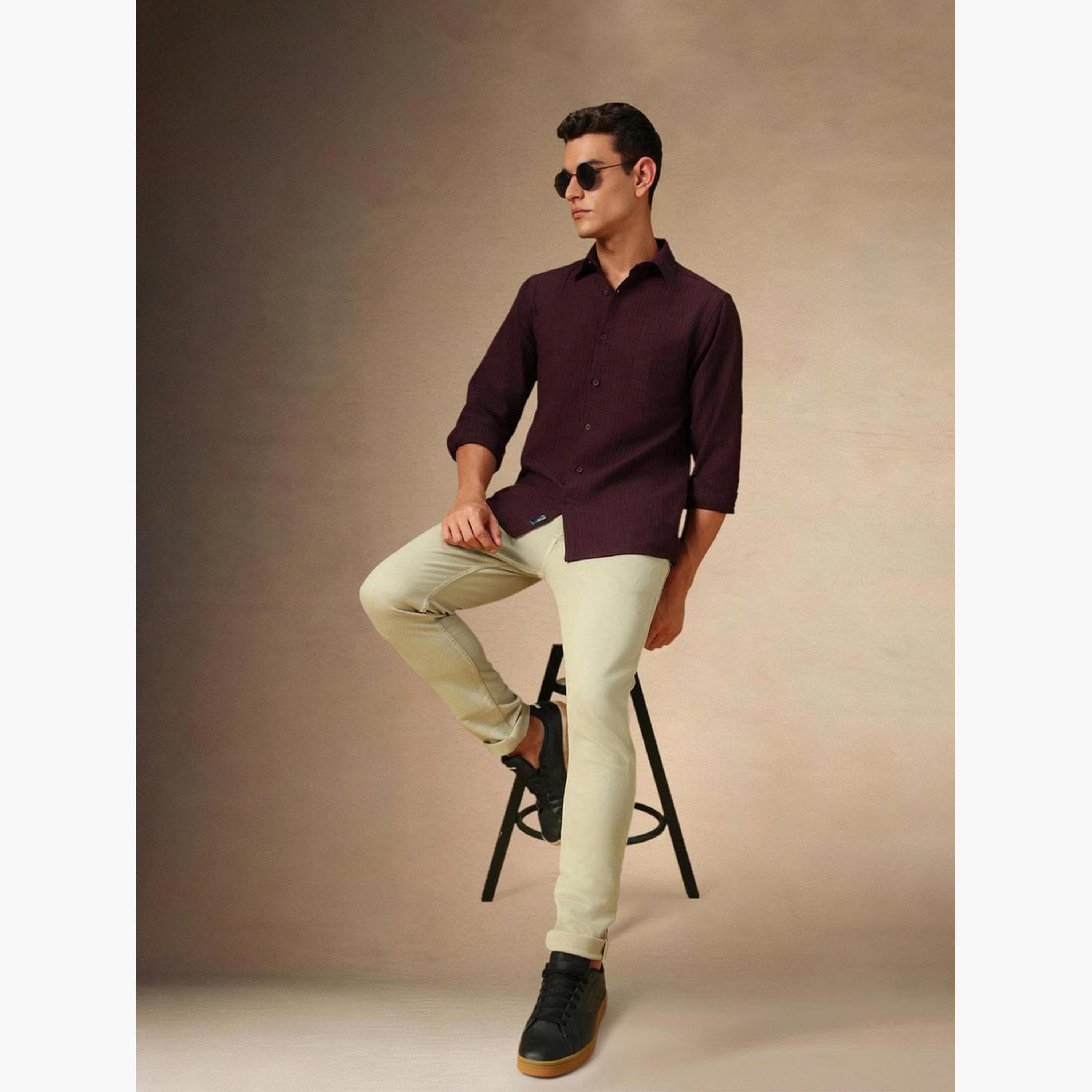 Dennis Lingo Men Maroon Textured Spread Collar Shirt-men-clothing-shirts-image-2