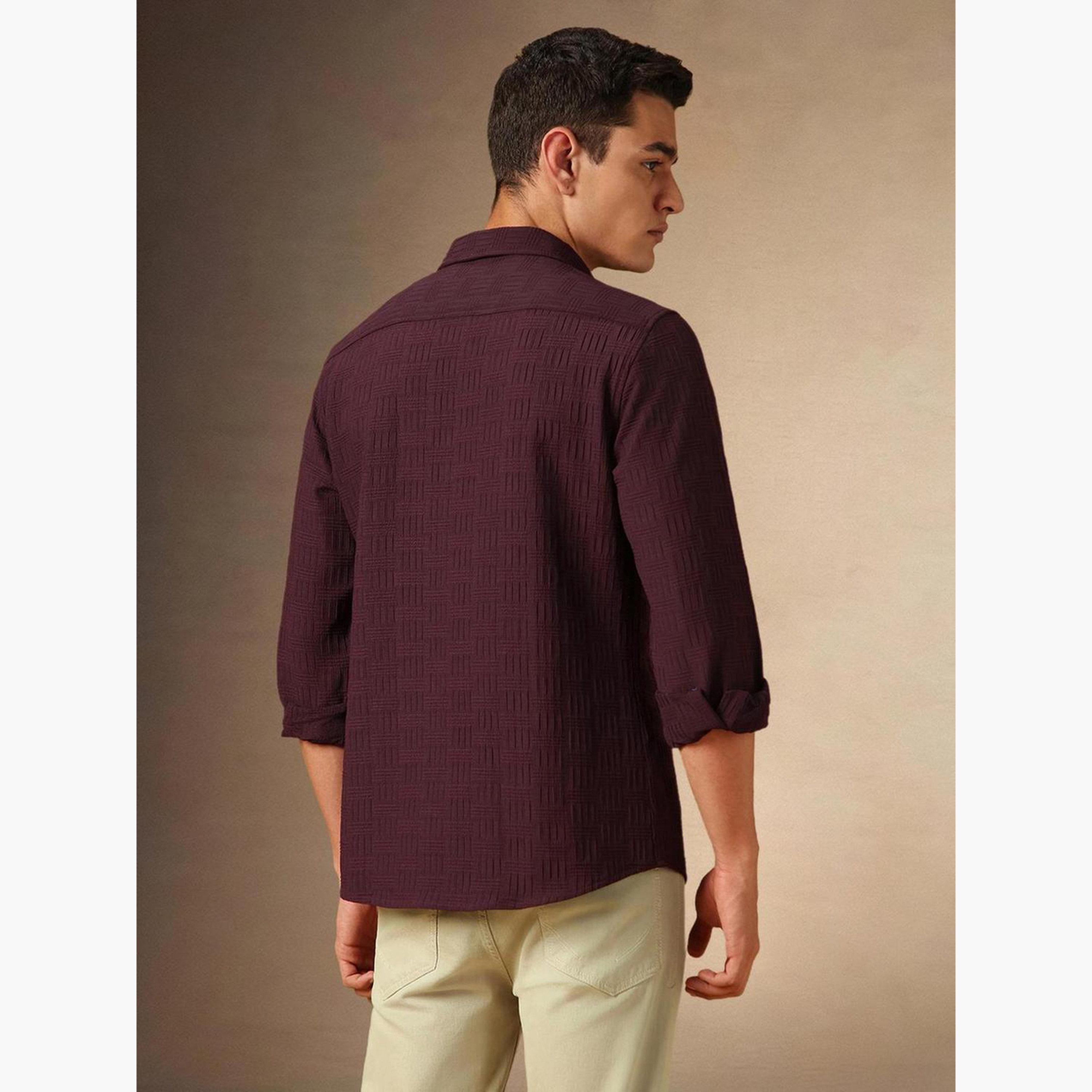 Dennis Lingo Men Maroon Textured Spread Collar Shirt-men-clothing-shirts-image-3