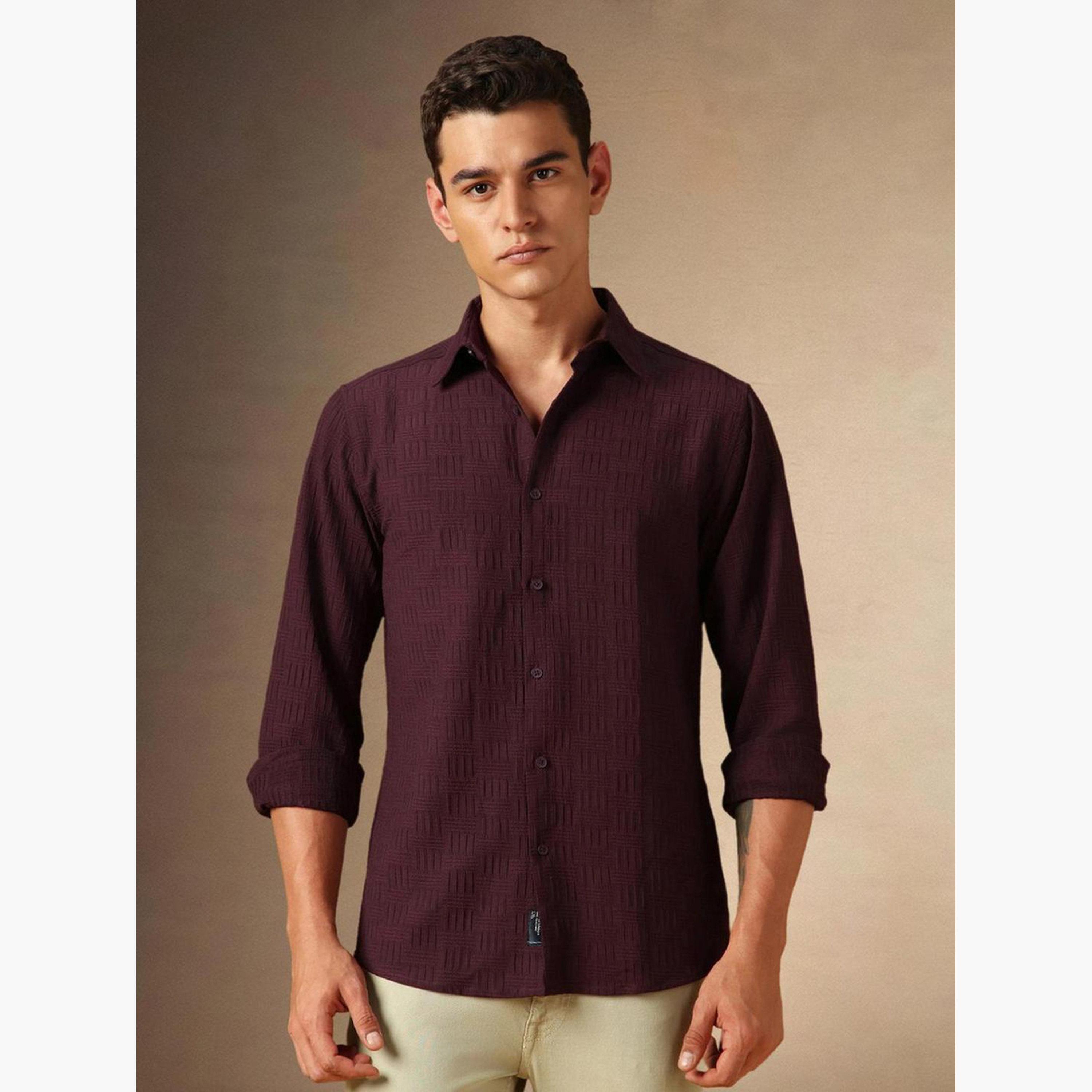 Dennis Lingo Men Maroon Textured Spread Collar Shirt-men-clothing-shirts-image-4