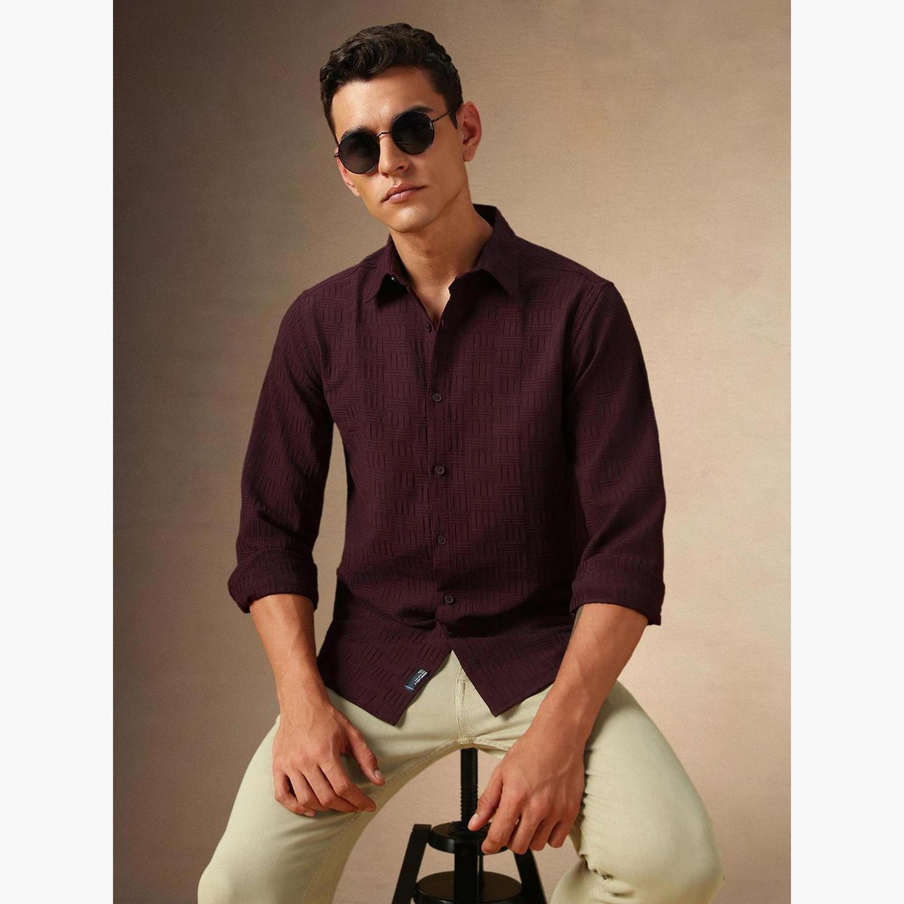 Dennis Lingo Men Maroon Textured Spread Collar Shirt-men-clothing-shirts-image-5