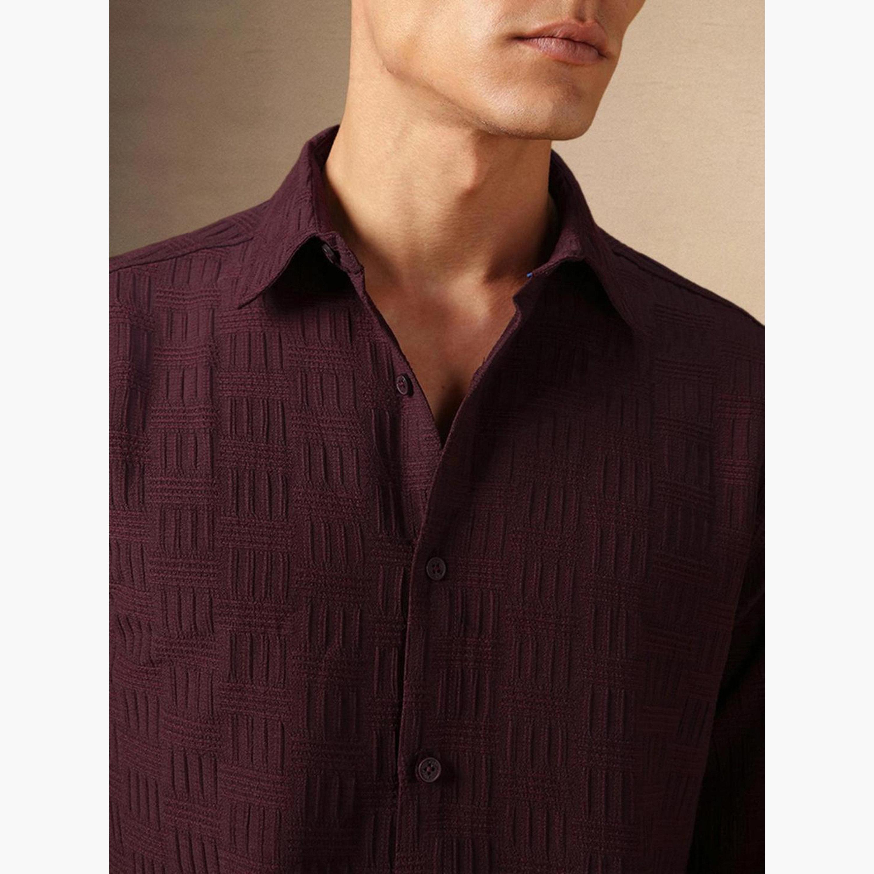 Dennis Lingo Men Maroon Textured Spread Collar Shirt-men-clothing-shirts-image-6