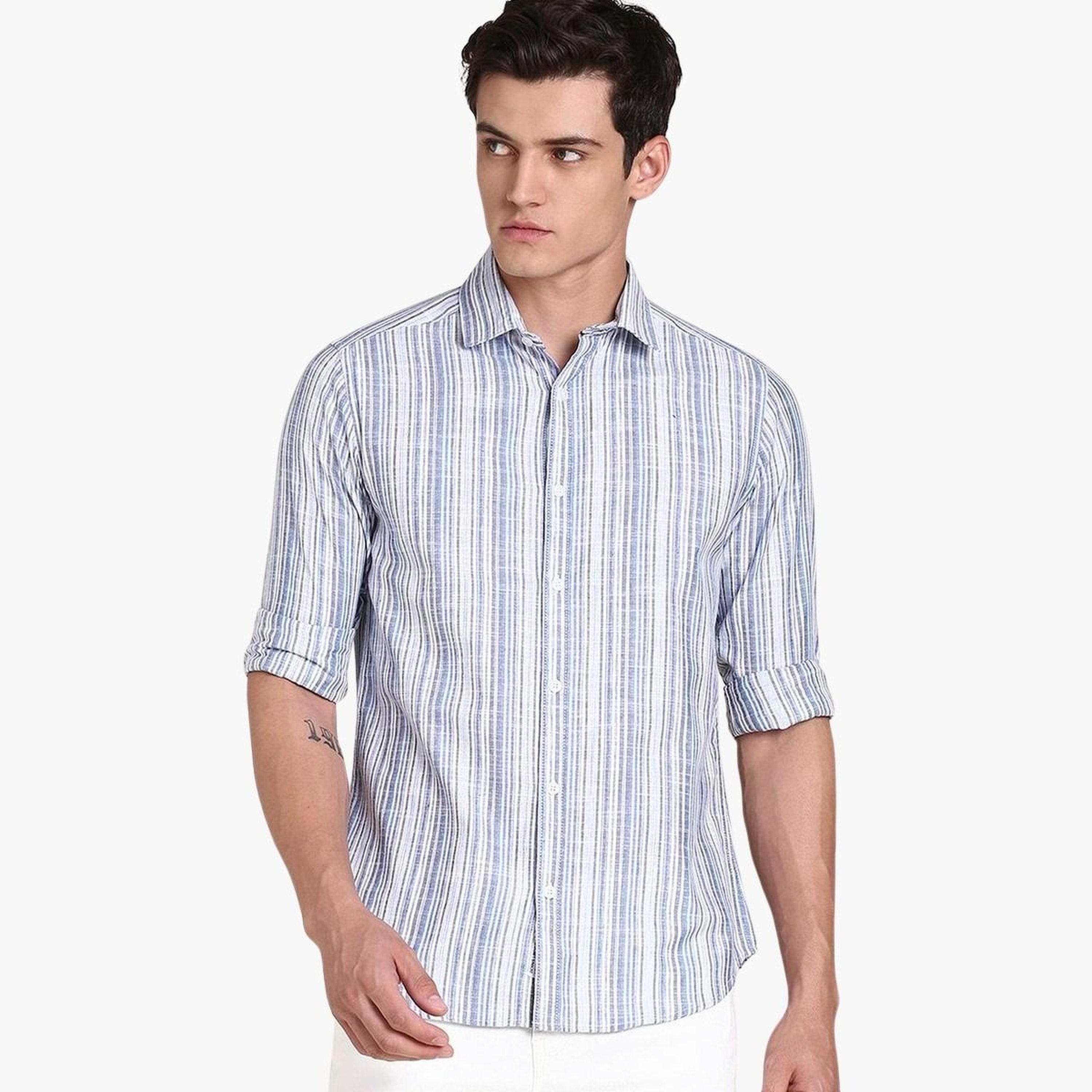دينيس لينغو - قميص قطني مخطط بقصّة سليم كاجوال للرجال-men-clothing-shirts-image-1