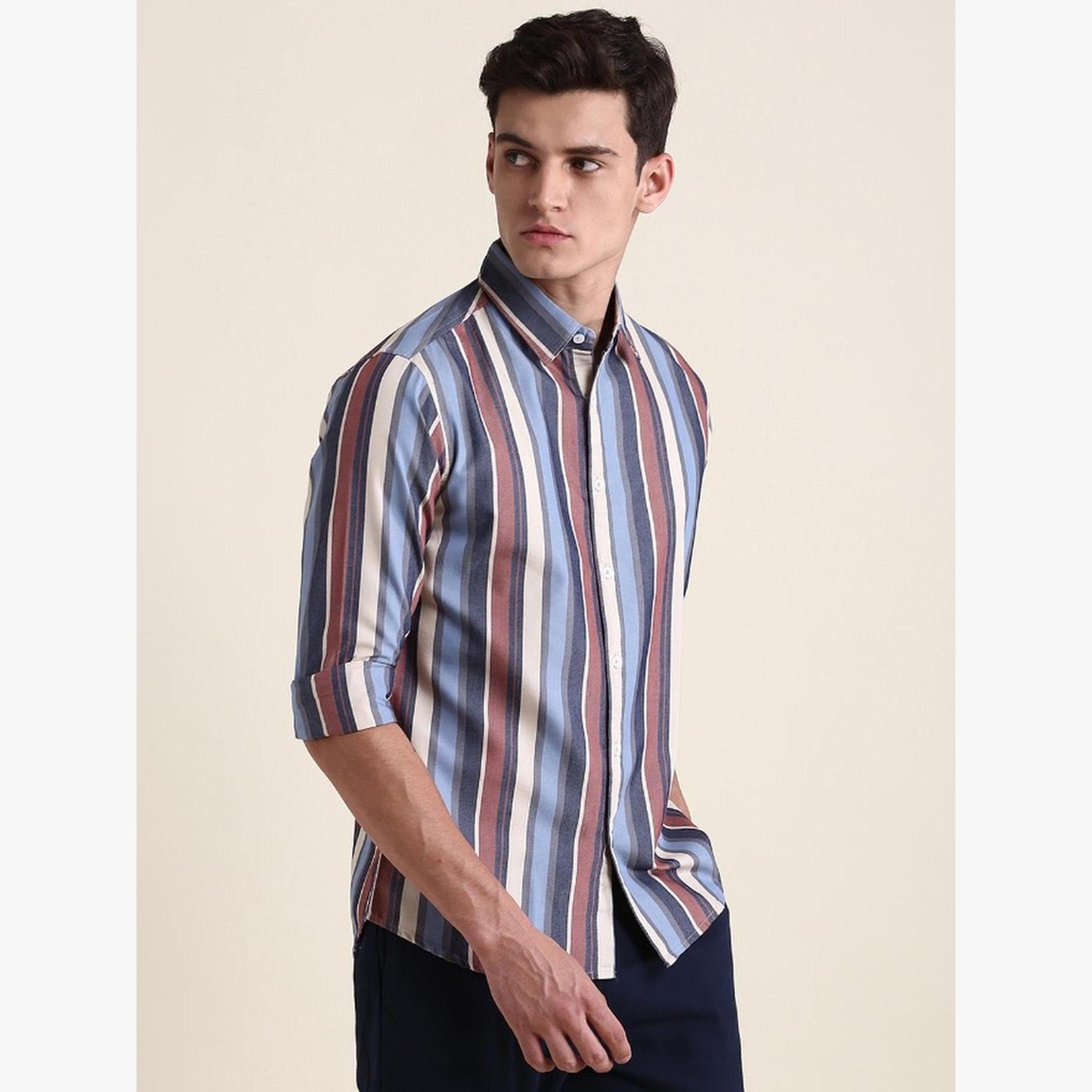 قميص قطن خالص بقصة ضيقة مخطط-men-clothing-shirts-image-1