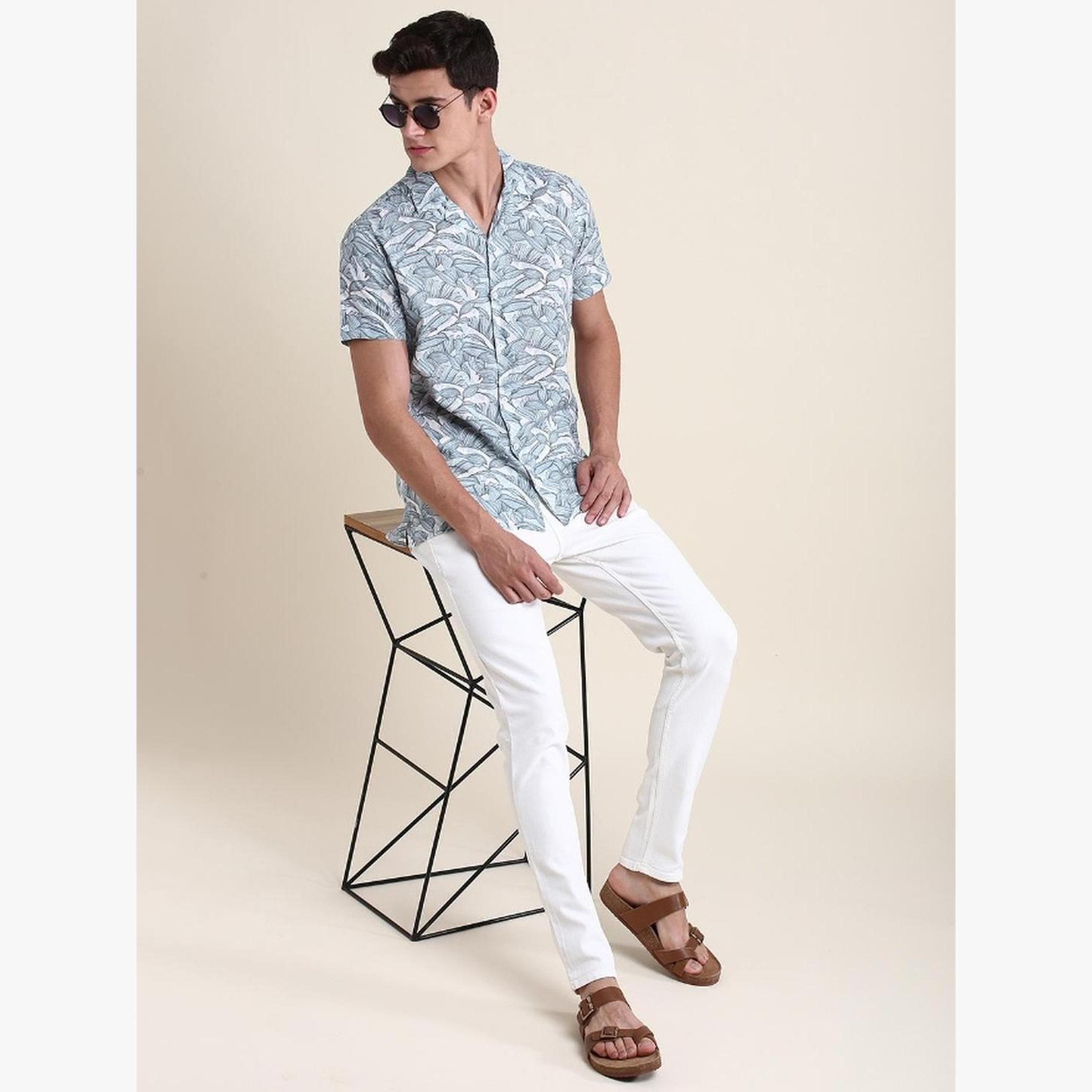 قميص قطن بياقة كوبان وطبعة زهور-men-clothing-shirts-image-2