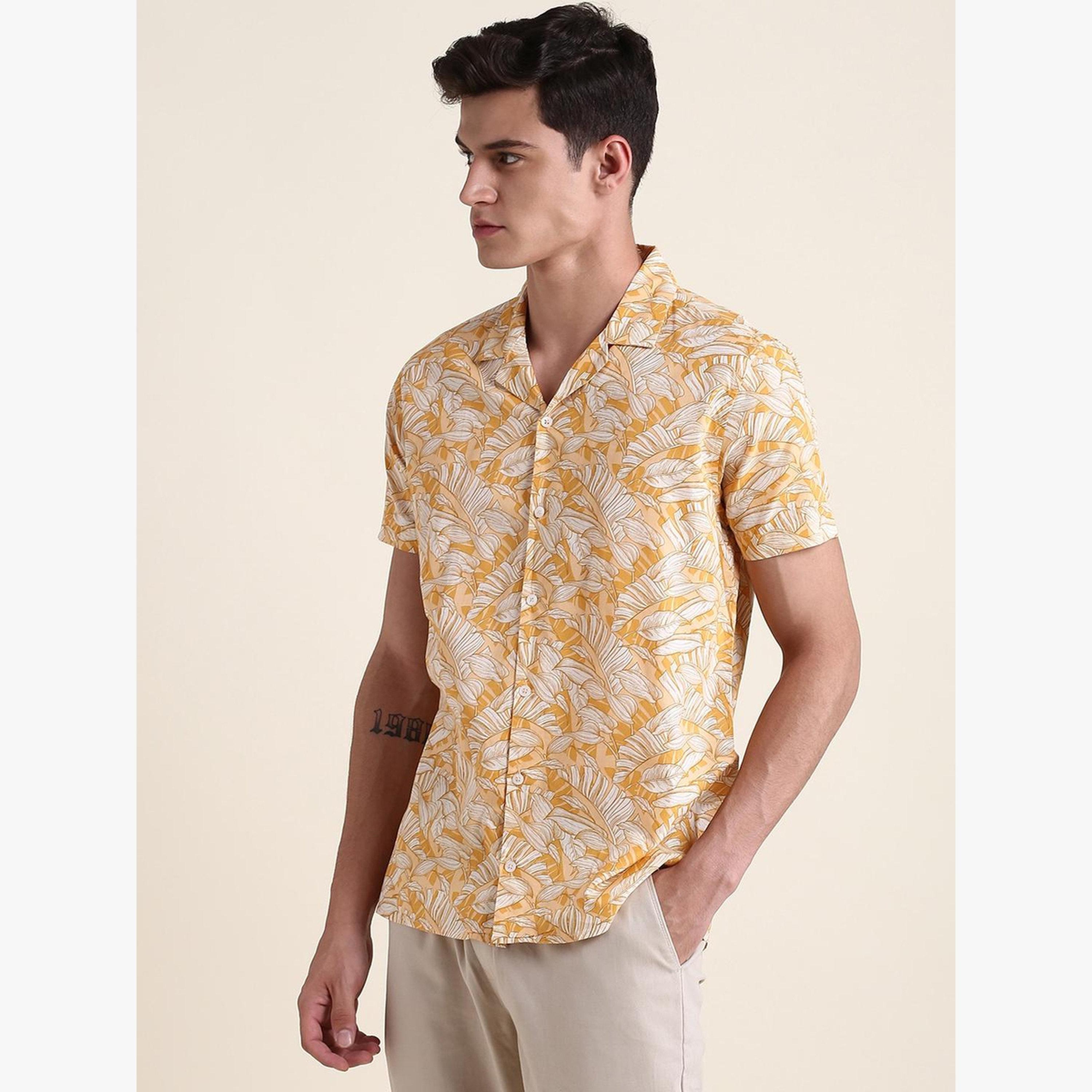 Dennis Lingo Men Yellow Floral Printed Cuban Collar Cotton Shirt-men-clothing-shirts-image-1