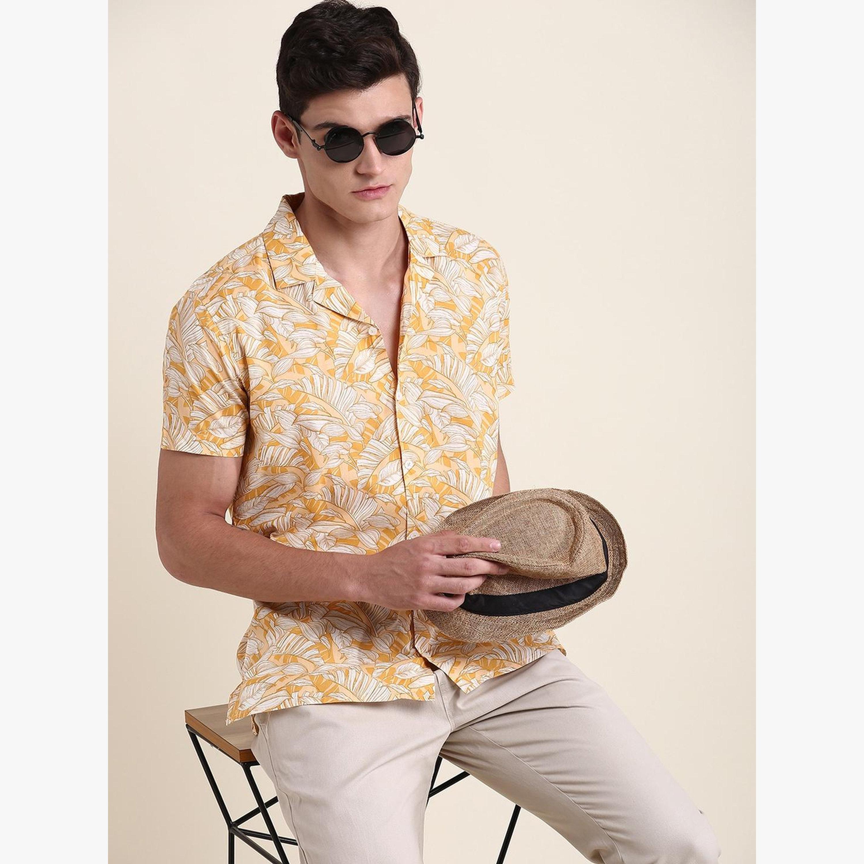 Dennis Lingo Men Yellow Floral Printed Cuban Collar Cotton Shirt-men-clothing-shirts-image-3