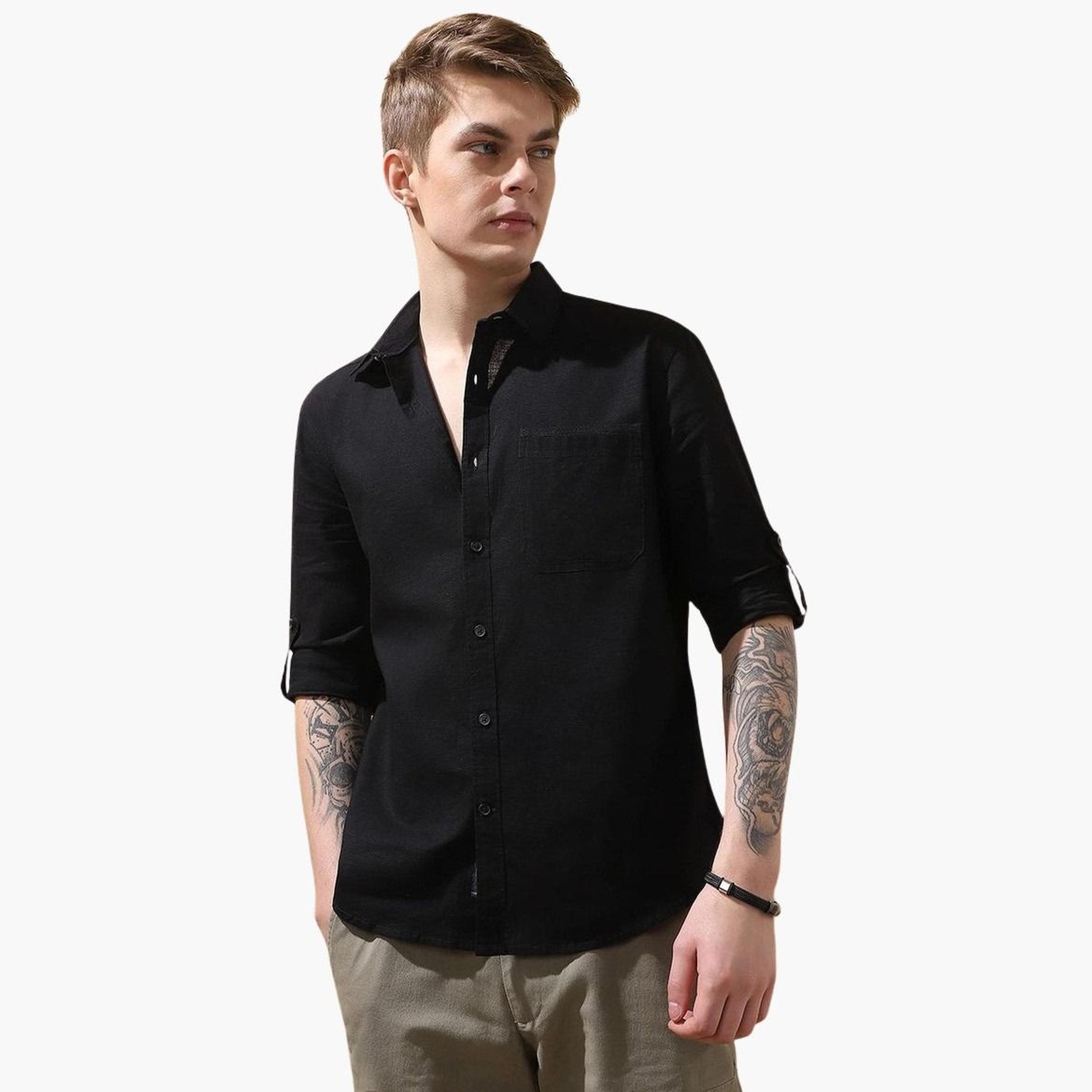 Dennis Lingo Men Solid Roll-Up Sleeves Cotton Shirt-men-clothing-shirts-image-1