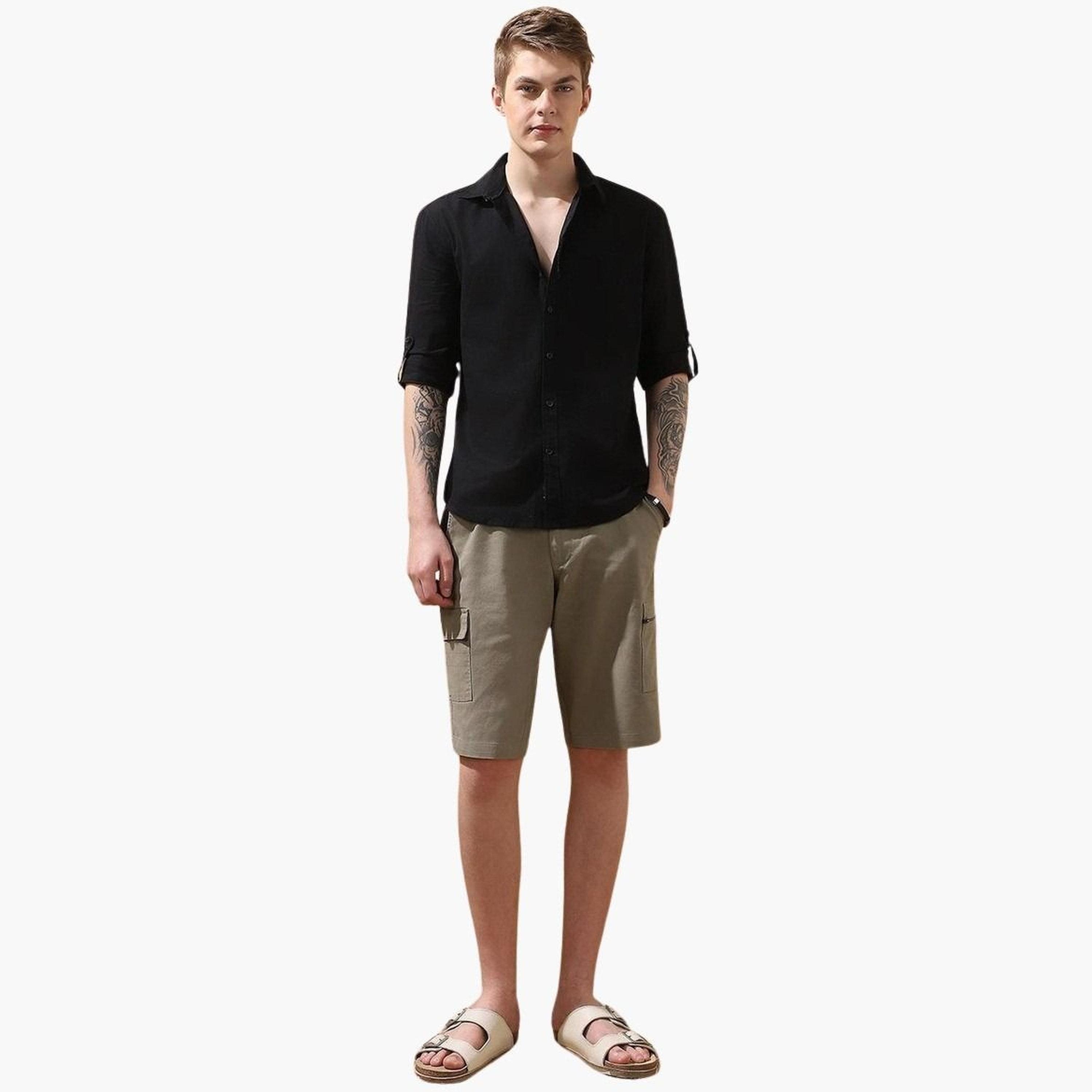 Dennis Lingo Men Solid Roll-Up Sleeves Cotton Shirt-men-clothing-shirts-image-2