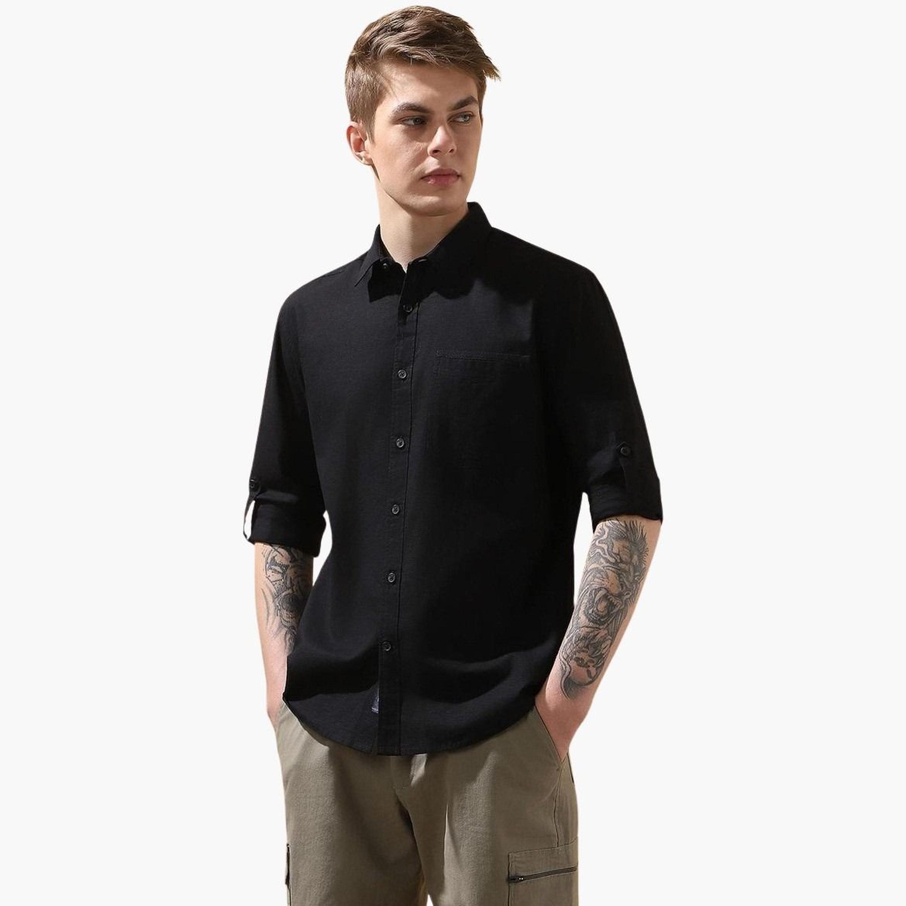 دينيس لينغو - قميص قطني سادة بأكمام مطوية للرجال-men-clothing-shirts-image-5