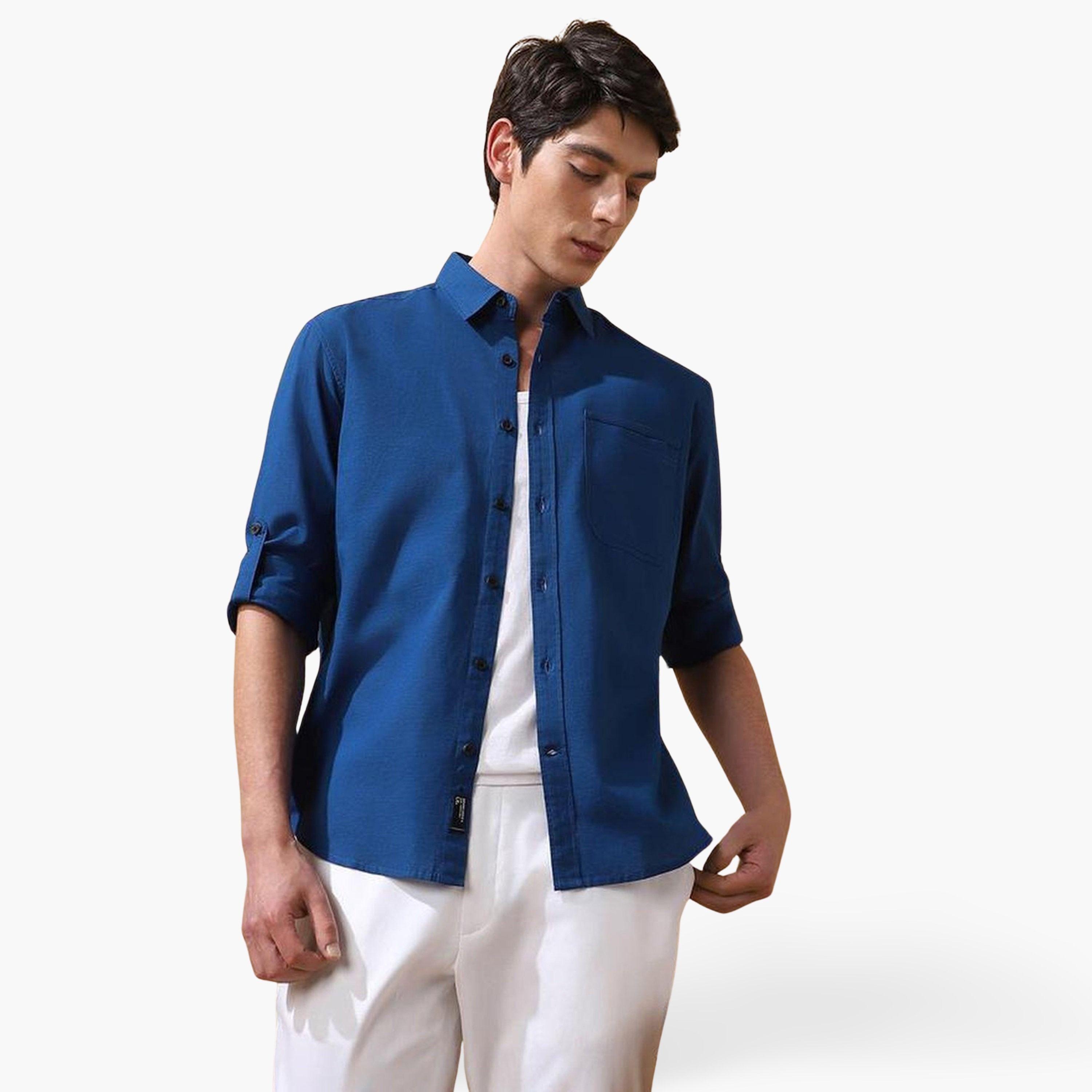 Dennis Lingo Men Blue Cotton Spread Collar Shirt-men-clothing-shirts-image-1