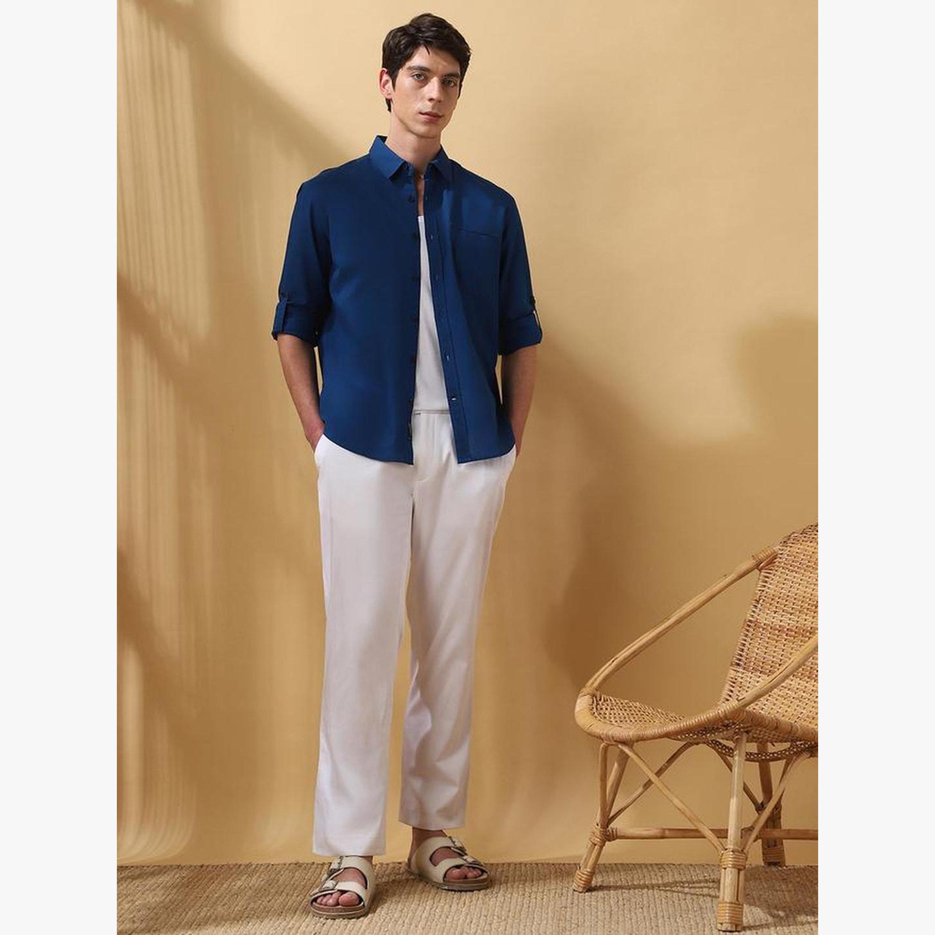 Dennis Lingo Men Blue Cotton Spread Collar Shirt-men-clothing-shirts-image-2