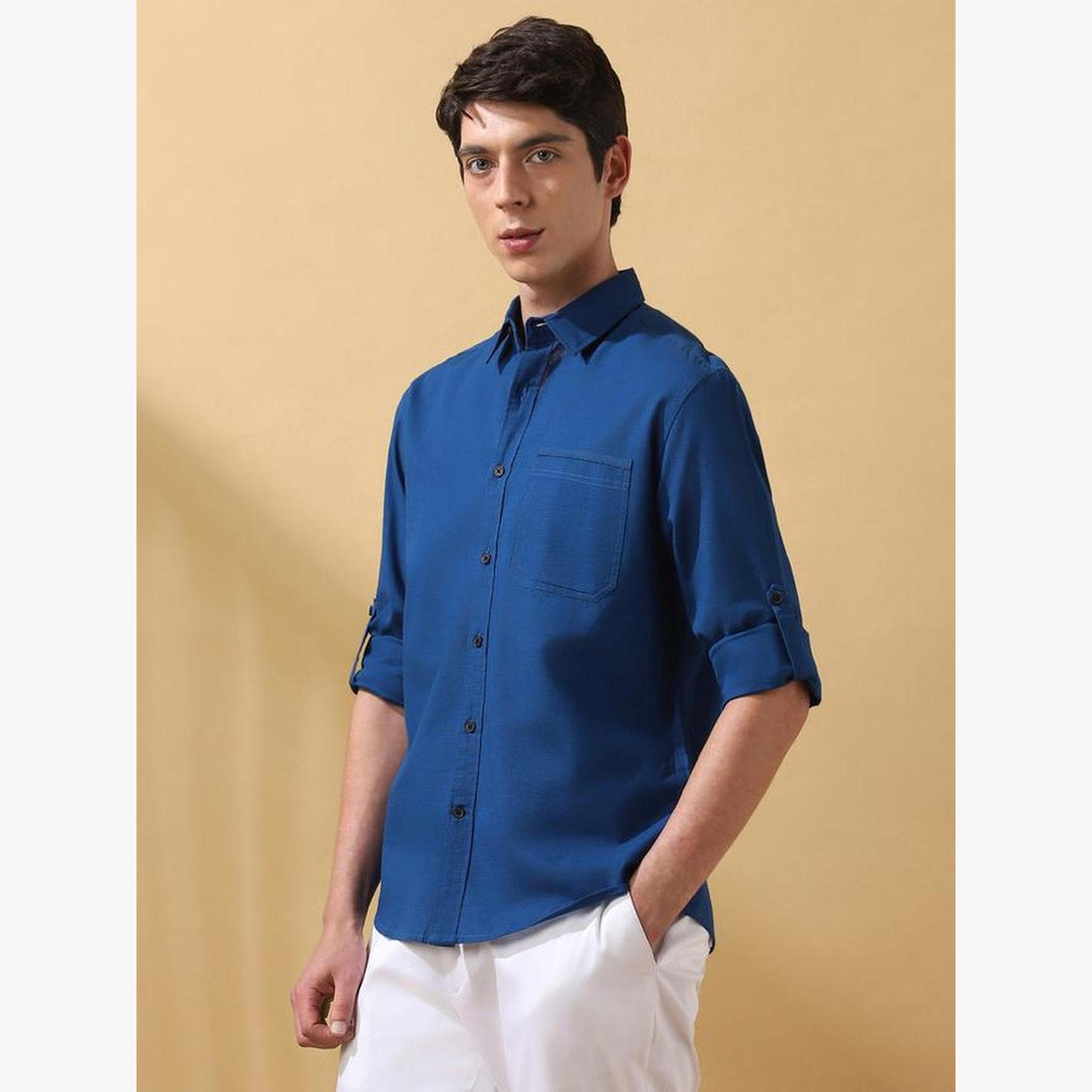Dennis Lingo Men Blue Cotton Spread Collar Shirt-men-clothing-shirts-image-3