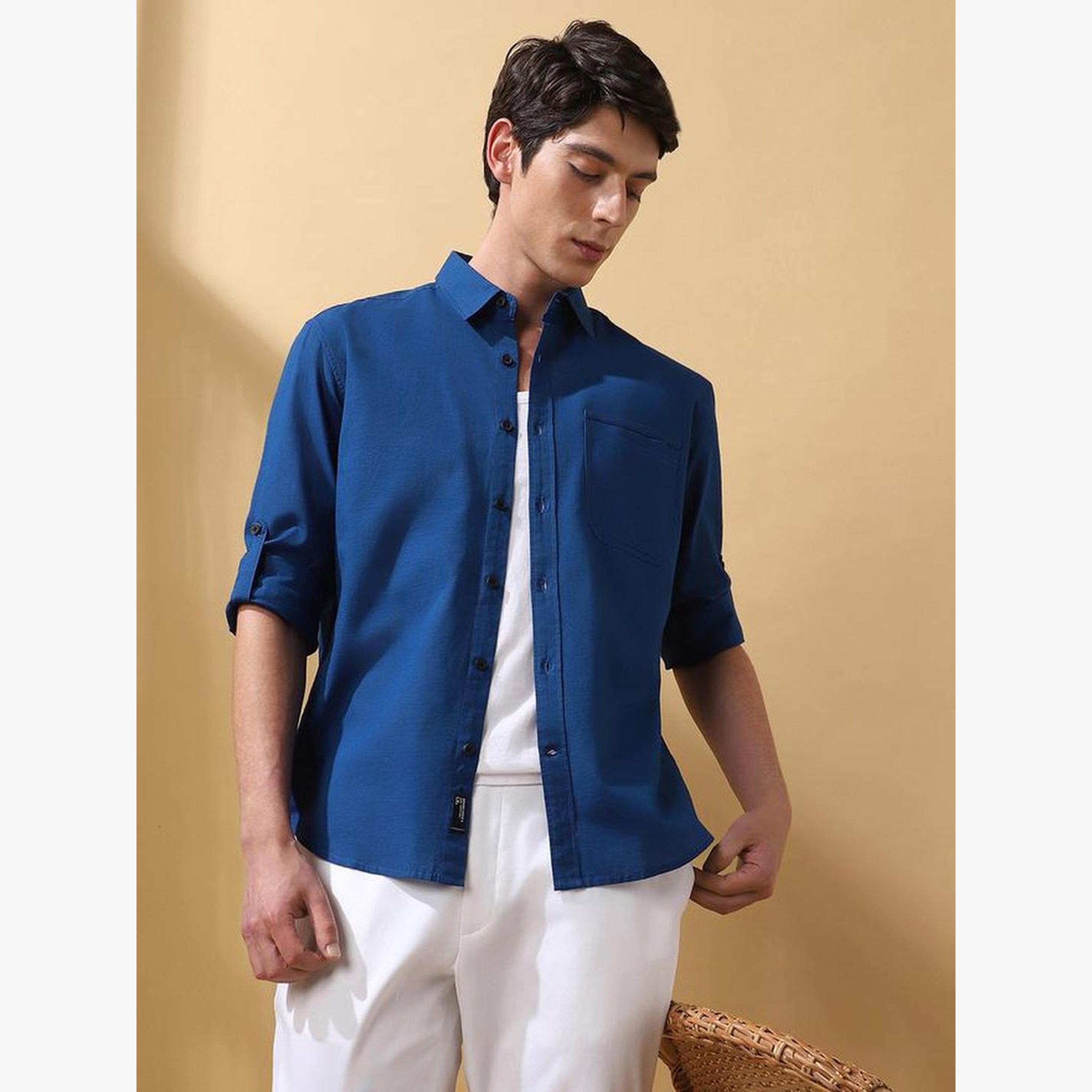 Dennis Lingo Men Blue Cotton Spread Collar Shirt-men-clothing-shirts-image-4