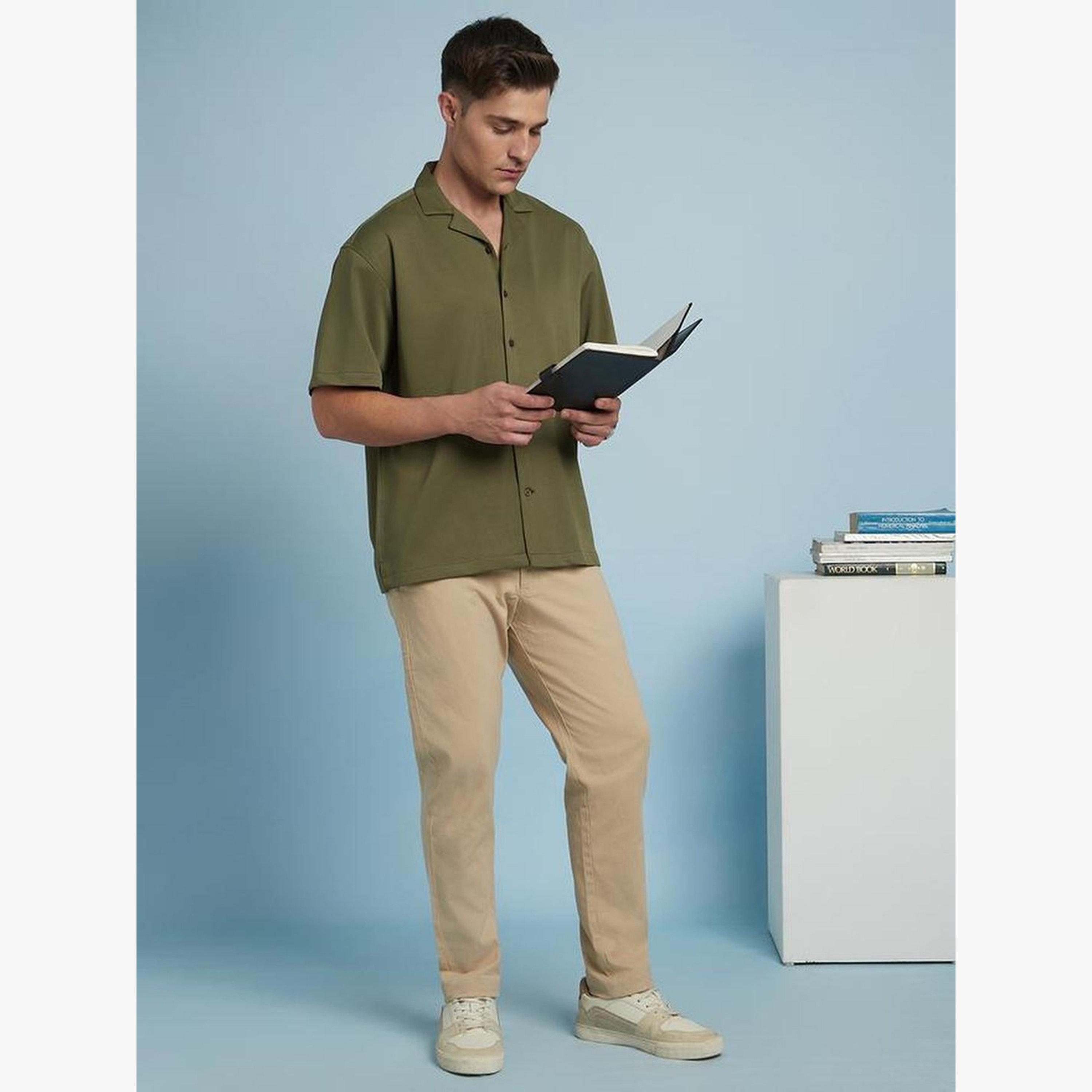 Dennis Lingo Men Olive Textured Cuban Collar Shirt-men-clothing-shirts-image-5