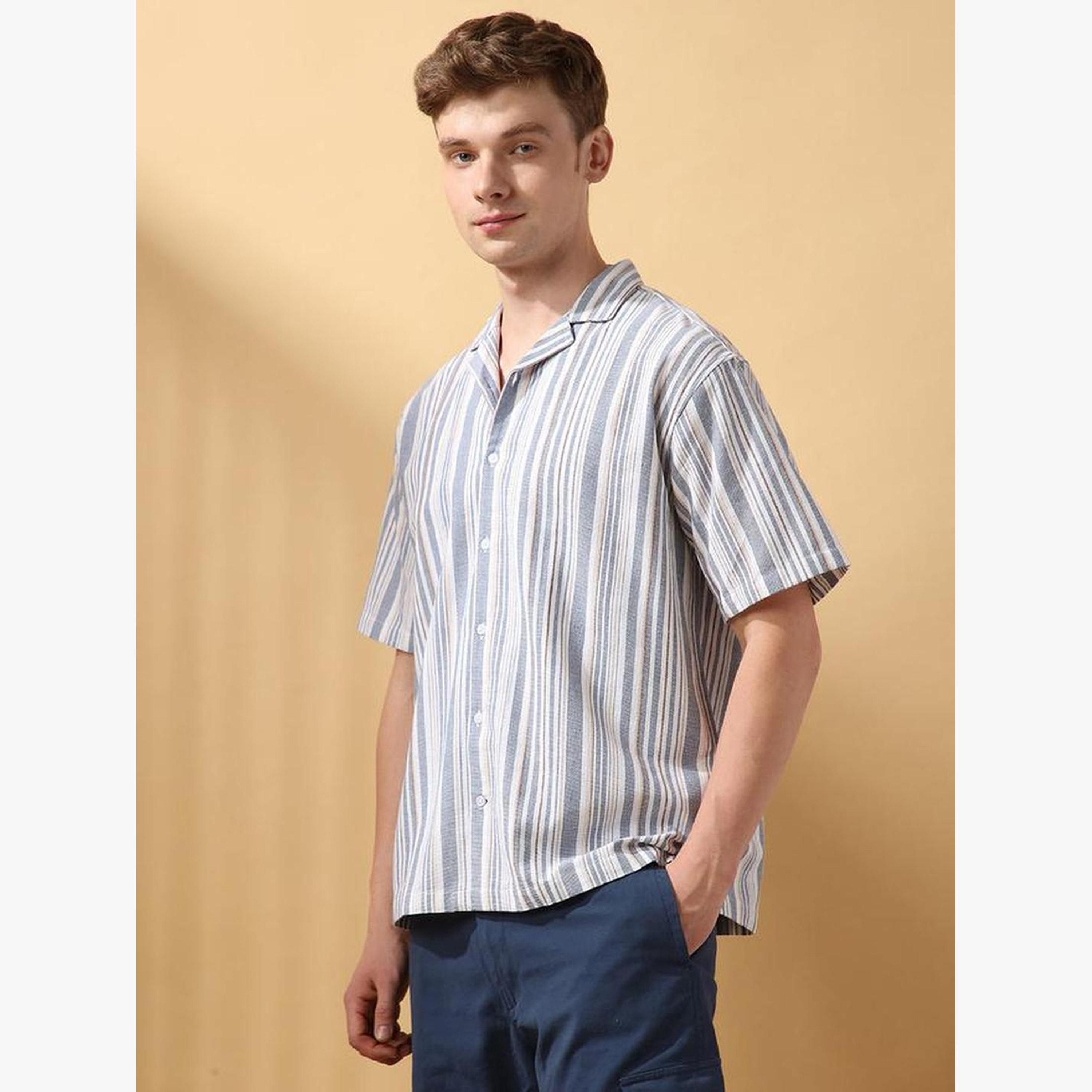 Dennis Lingo Men Blue Striped Resort Collar Shirt-men-clothing-shirts-image-2