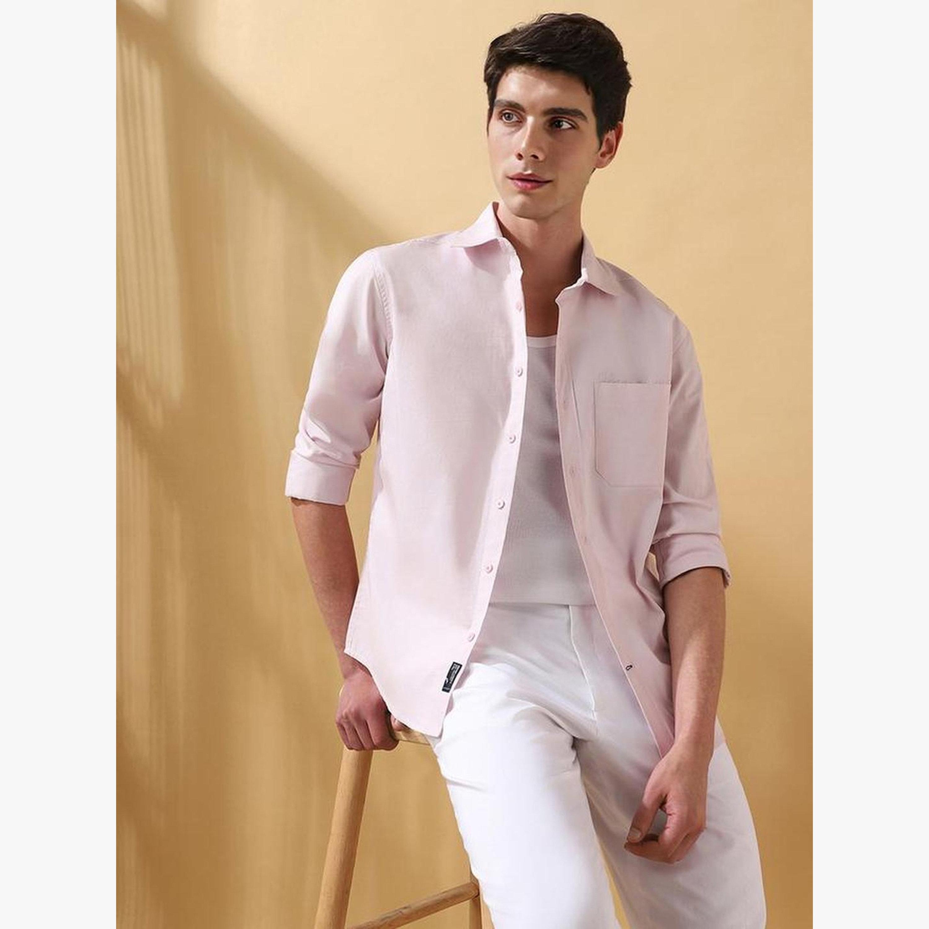 Dennis Lingo Men Light Pink Cotton Spread Collar Shirt-men-clothing-shirts-image-2