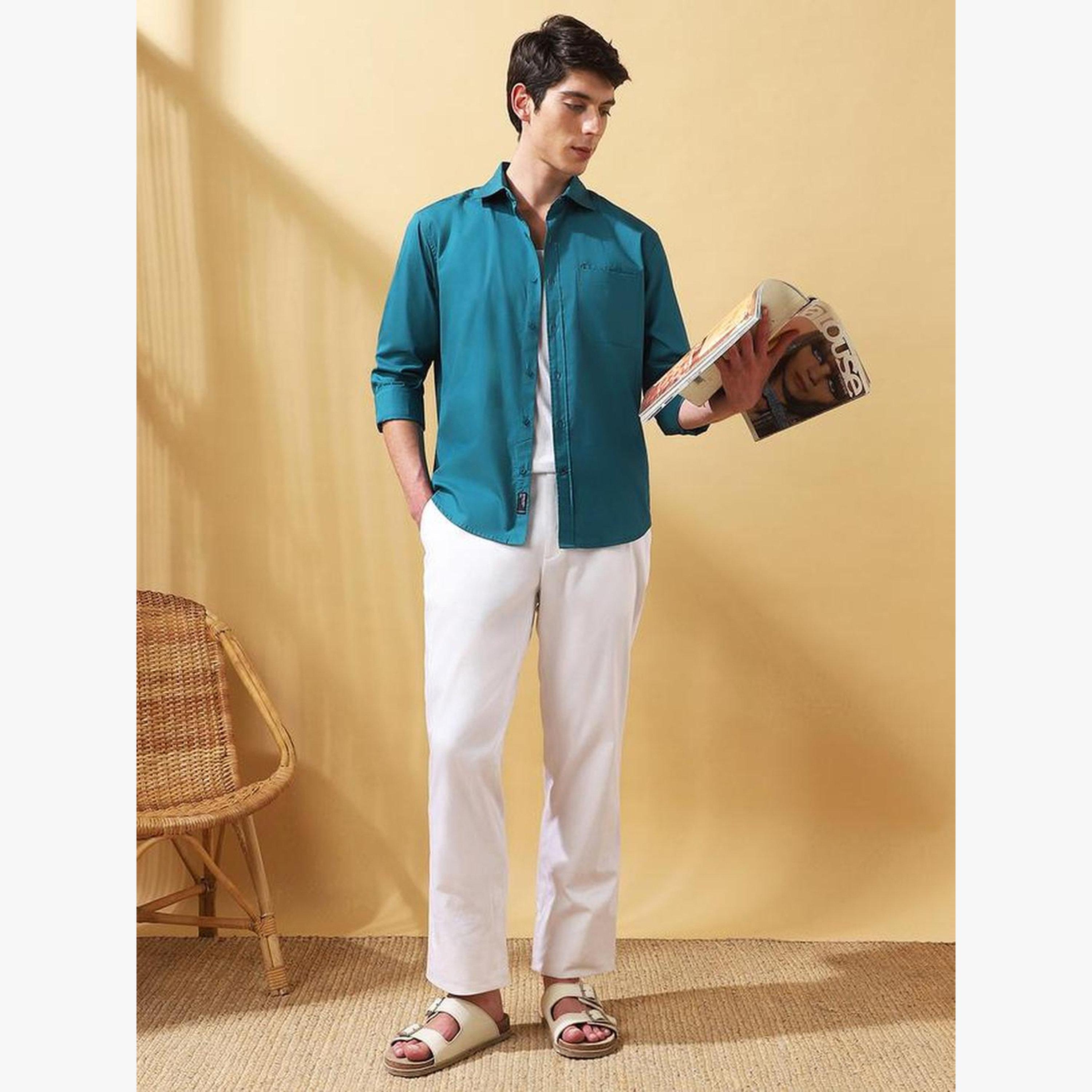 Dennis Lingo Men Green Regular Fit Spread Collar Shirt-men-clothing-shirts-image-5