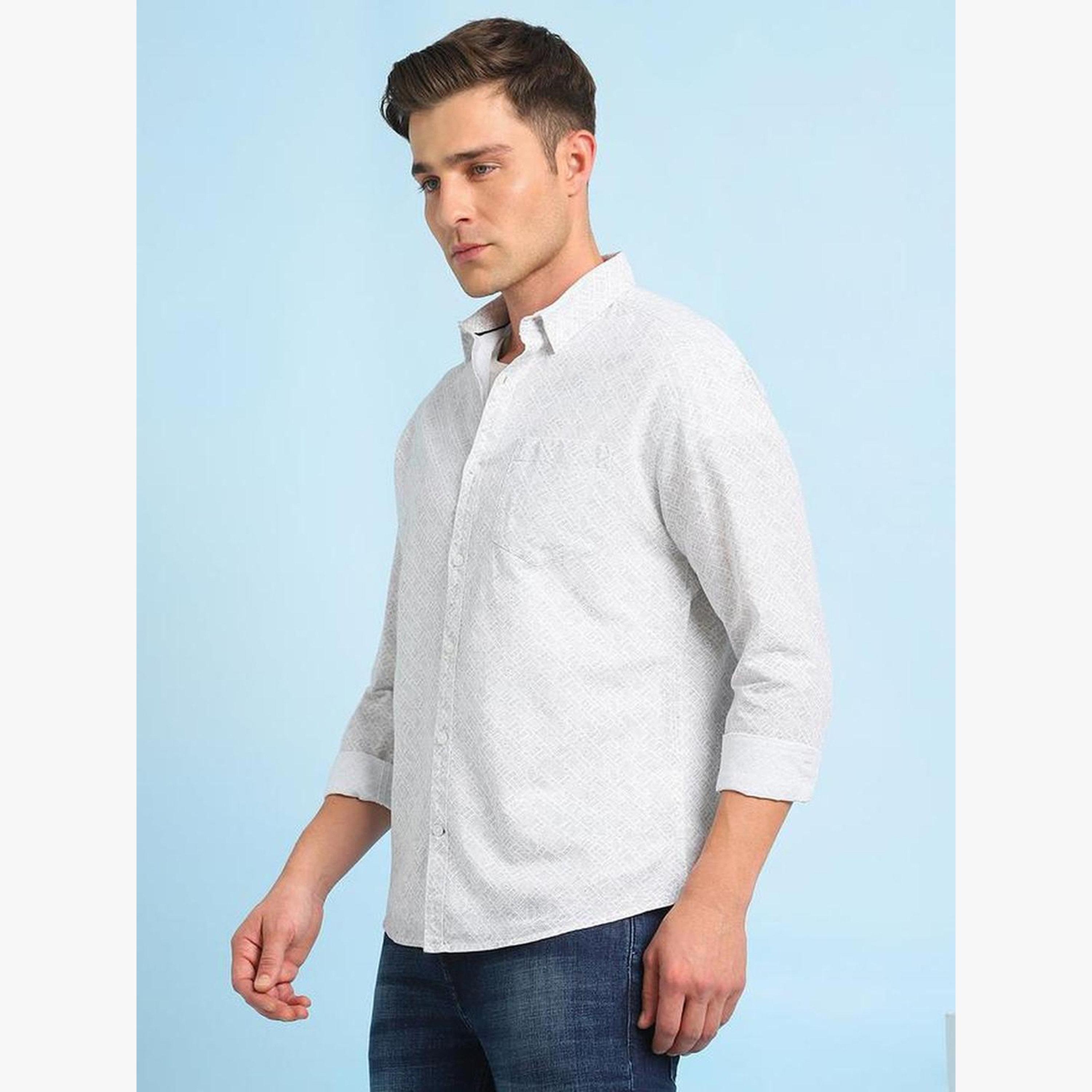 Dennis Lingo Men White Abstract Print Spread Collar Shirt-men-clothing-shirts-image-1
