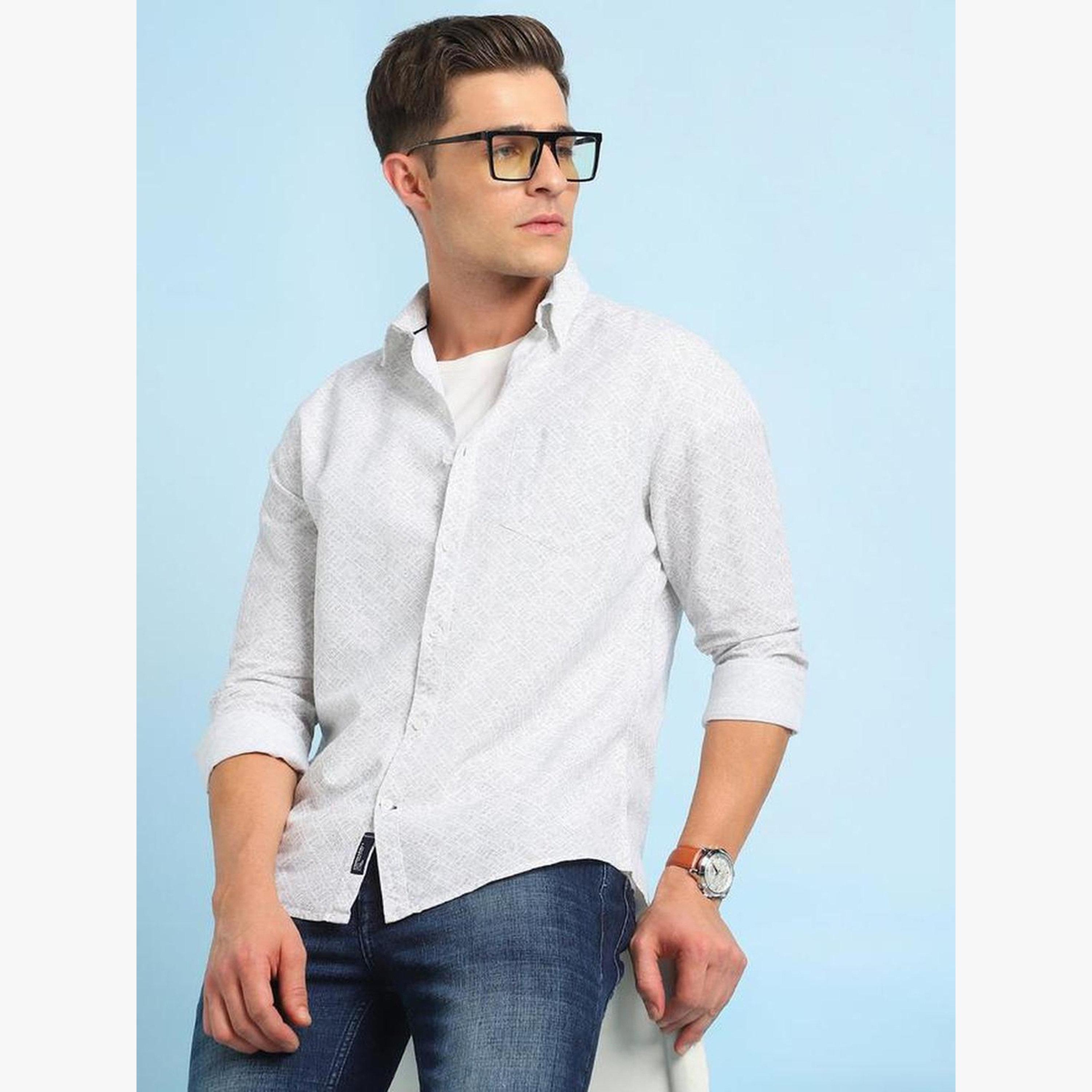 Dennis Lingo Men White Abstract Print Spread Collar Shirt-men-clothing-shirts-image-2