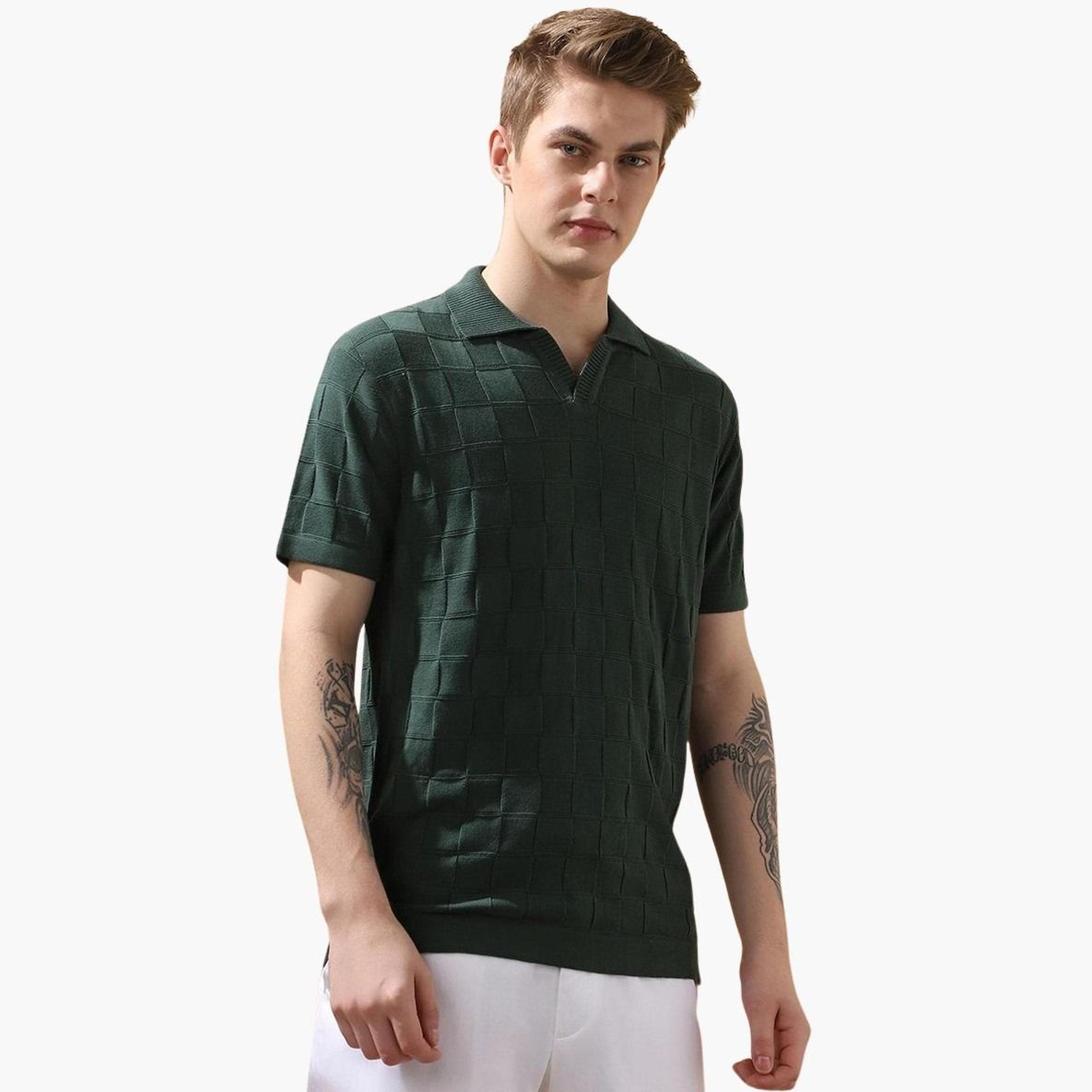Dennis Lingo Men Check Pattern Cotton Flat Knit Polo-men-clothing-shirts-image-1