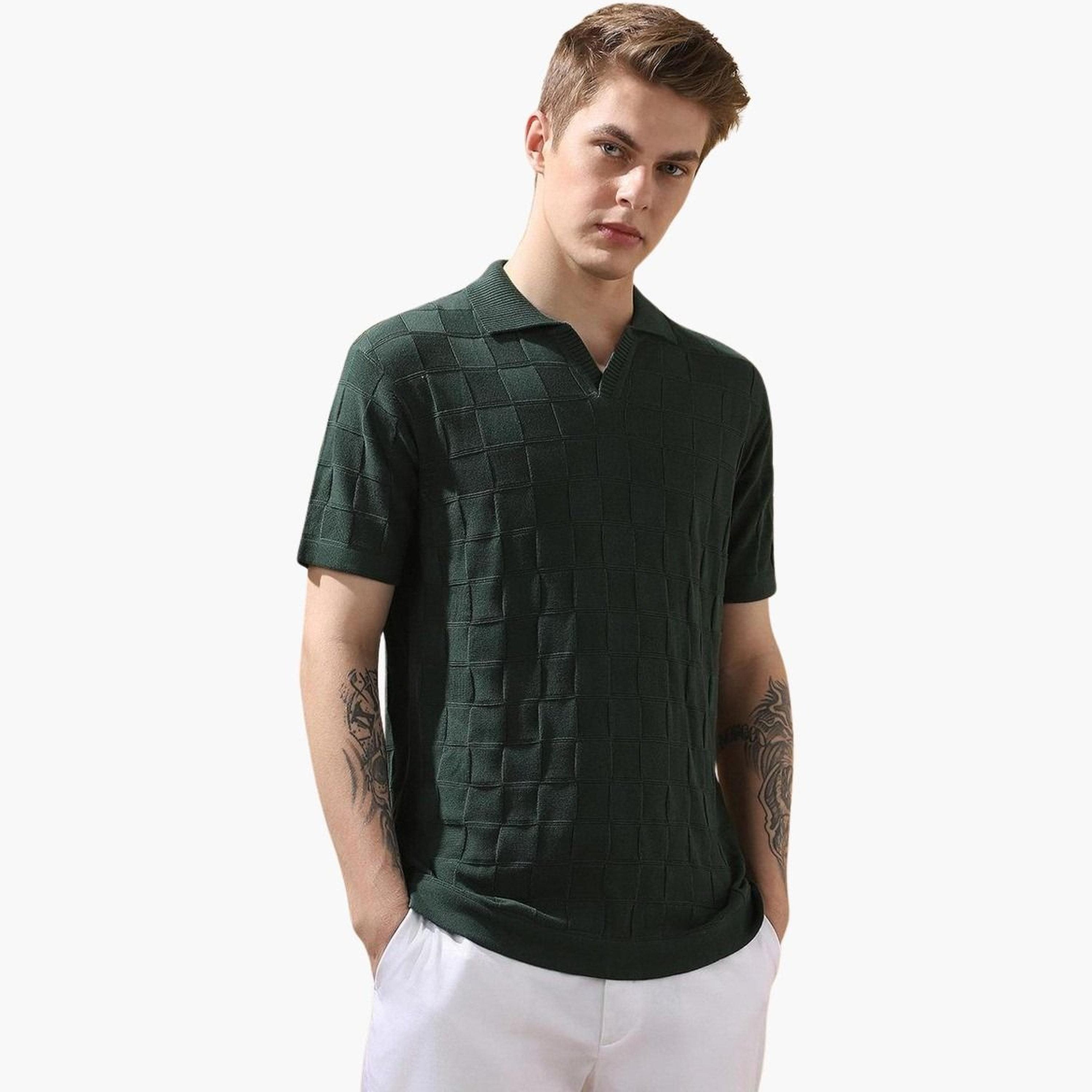 Dennis Lingo Men Check Pattern Cotton Flat Knit Polo-men-clothing-shirts-image-4