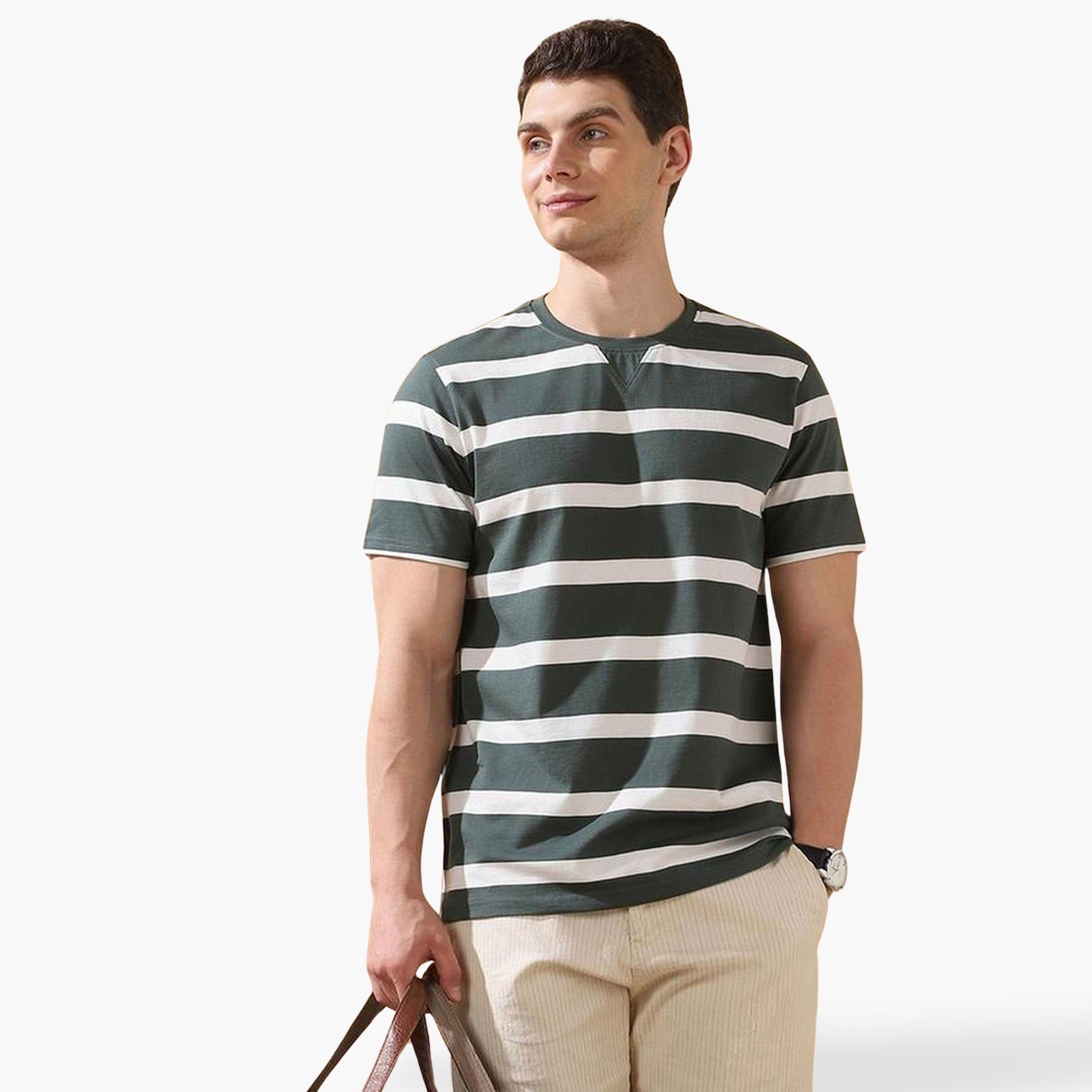 Dennis Lingo Men Green Striped Cotton T-Shirt-men-clothing-tshirtsandpolos-tshirts-image-1