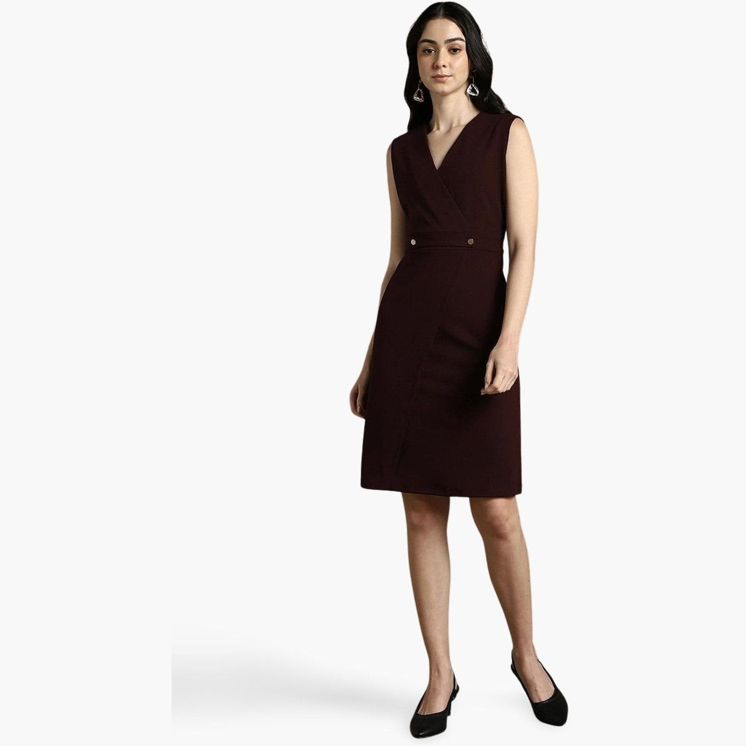 دينيس لينغو - فستان برغندي بدون أكمام بطول الركبة-women-clothing-dresses-image-1