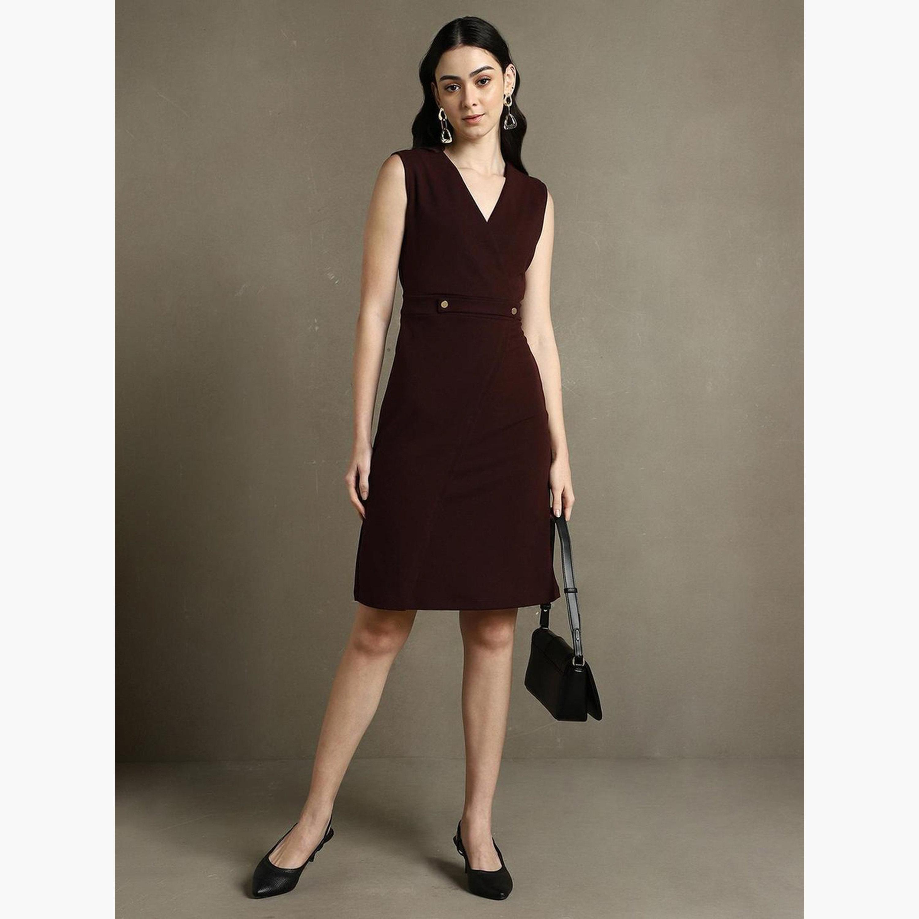 دينيس لينغو - فستان برغندي بدون أكمام بطول الركبة-women-clothing-dresses-image-5