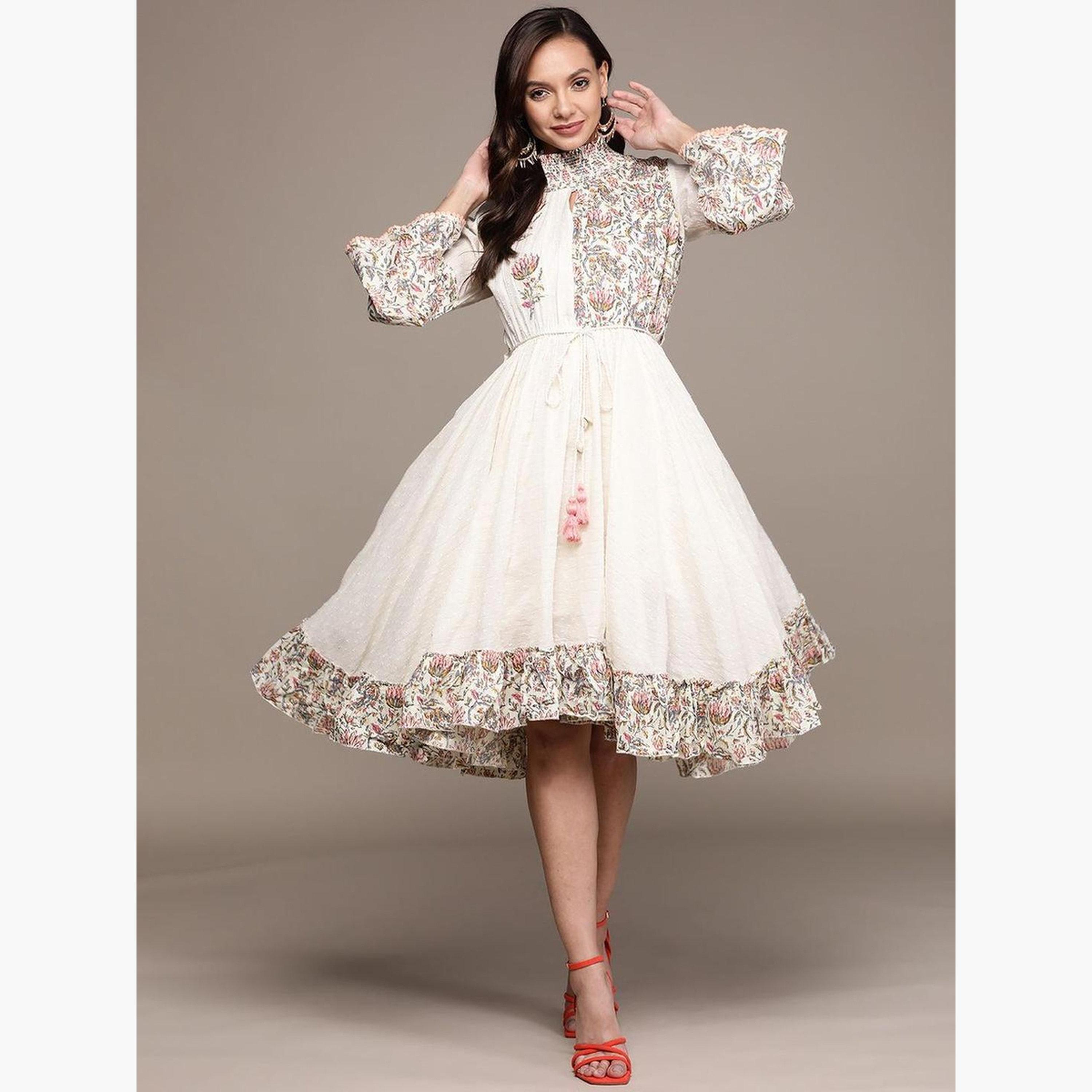 Ishin Printed Panel Dobby Knee Length Dress-women-clothing-dresses-image-1