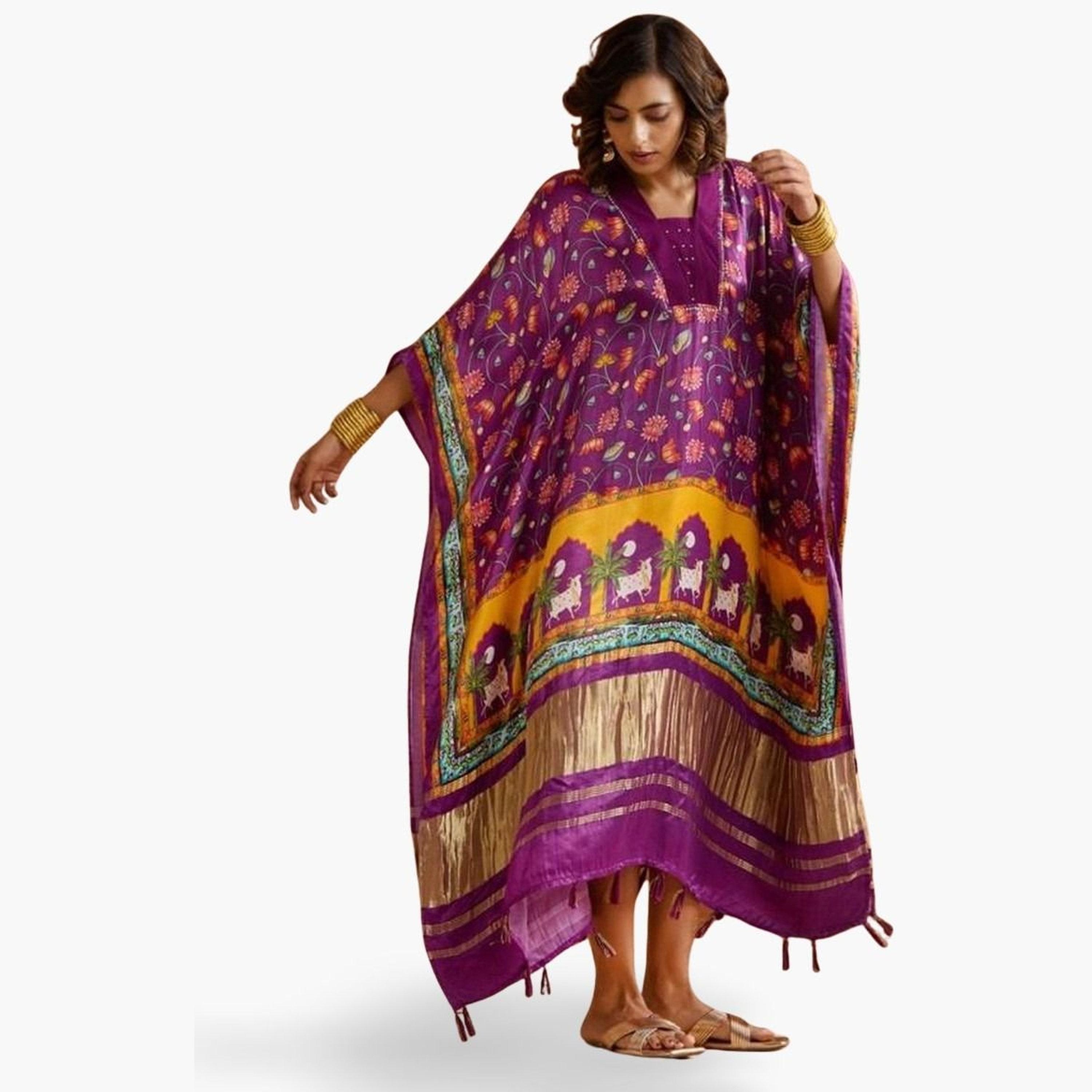 Ishin Purple Floral Viscose Kaftan Dress-women-clothing-dresses-image-1