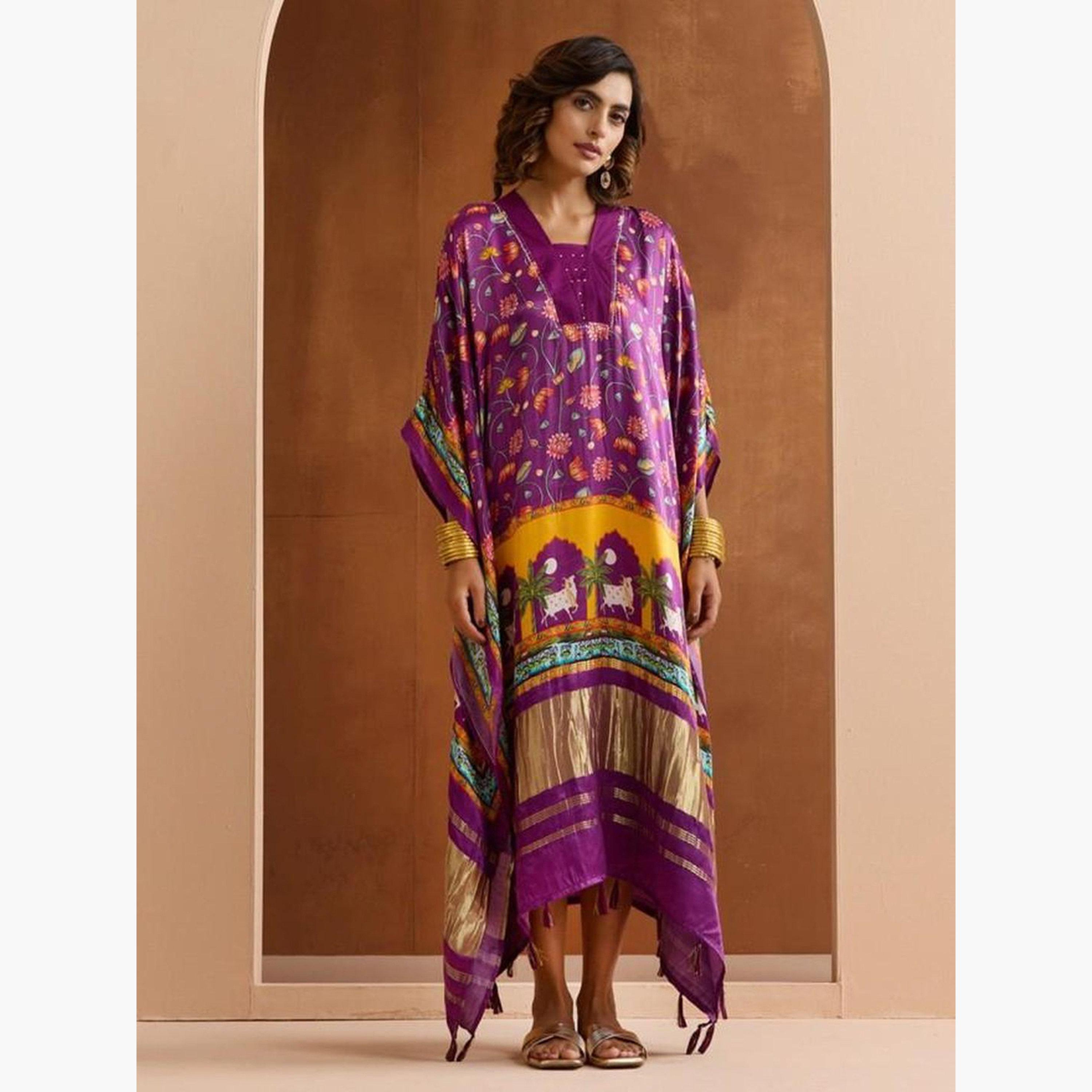 Ishin Purple Floral Viscose Kaftan Dress-women-clothing-dresses-image-2