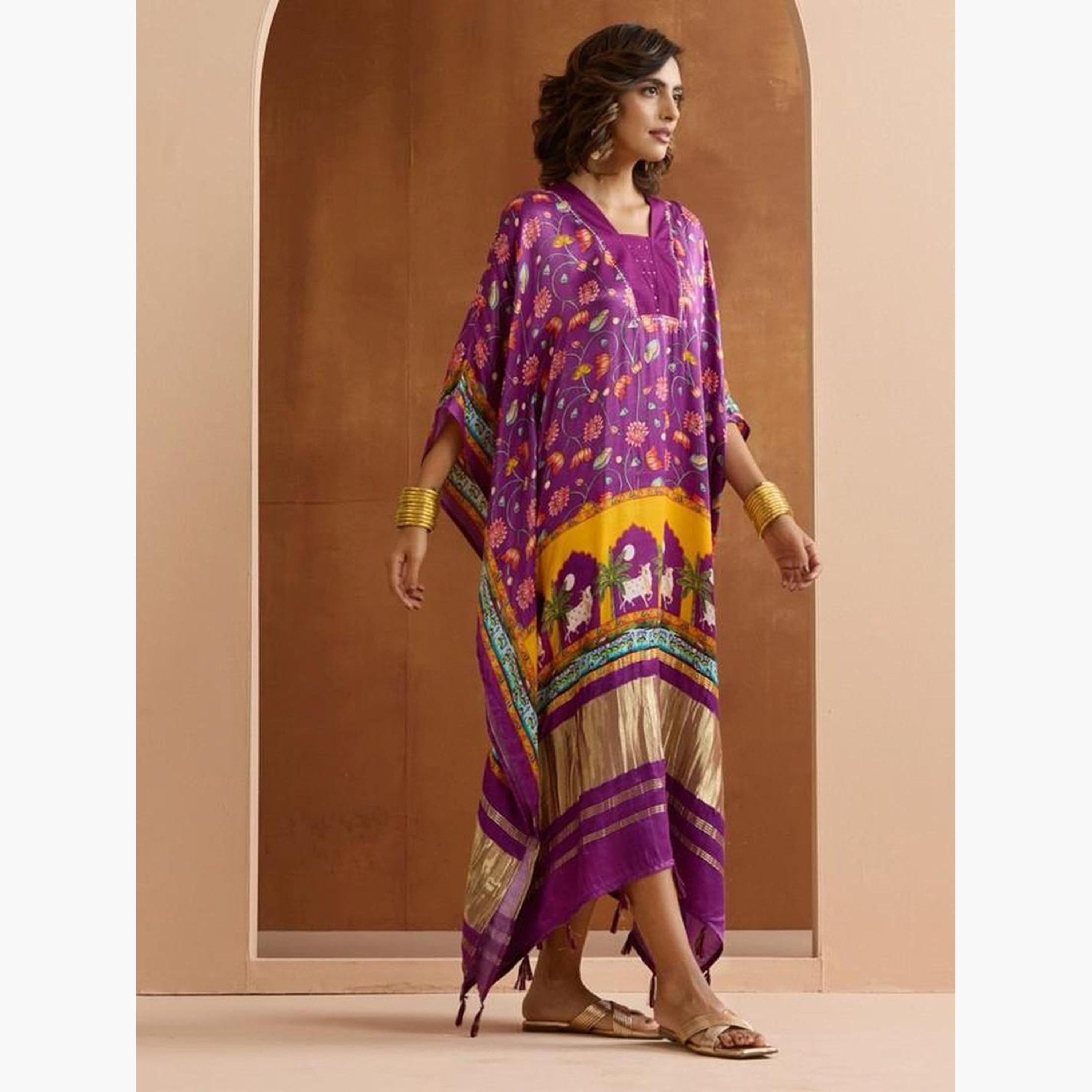 Ishin Purple Floral Viscose Kaftan Dress-women-clothing-dresses-image-4