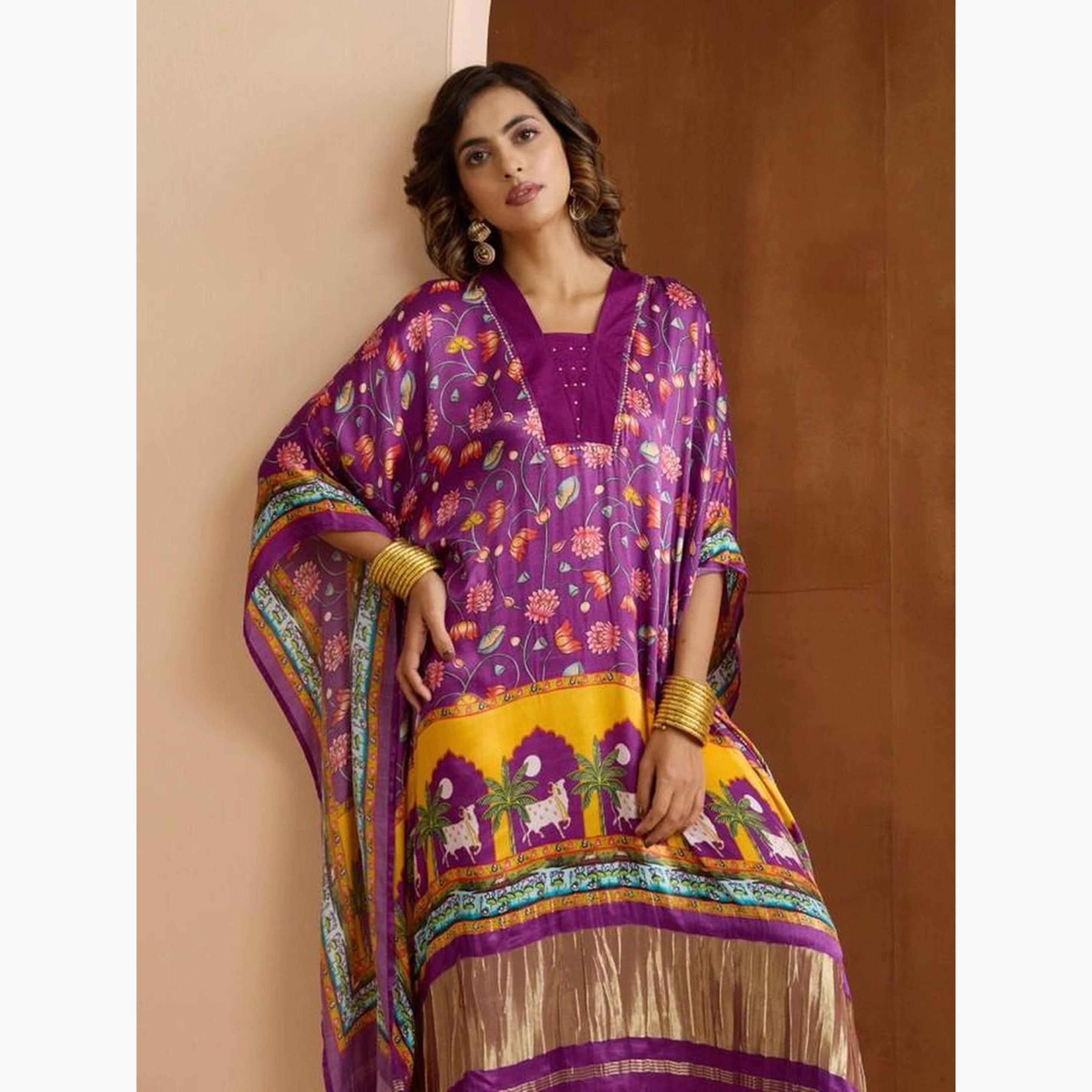 Ishin Purple Floral Viscose Kaftan Dress-women-clothing-dresses-image-6