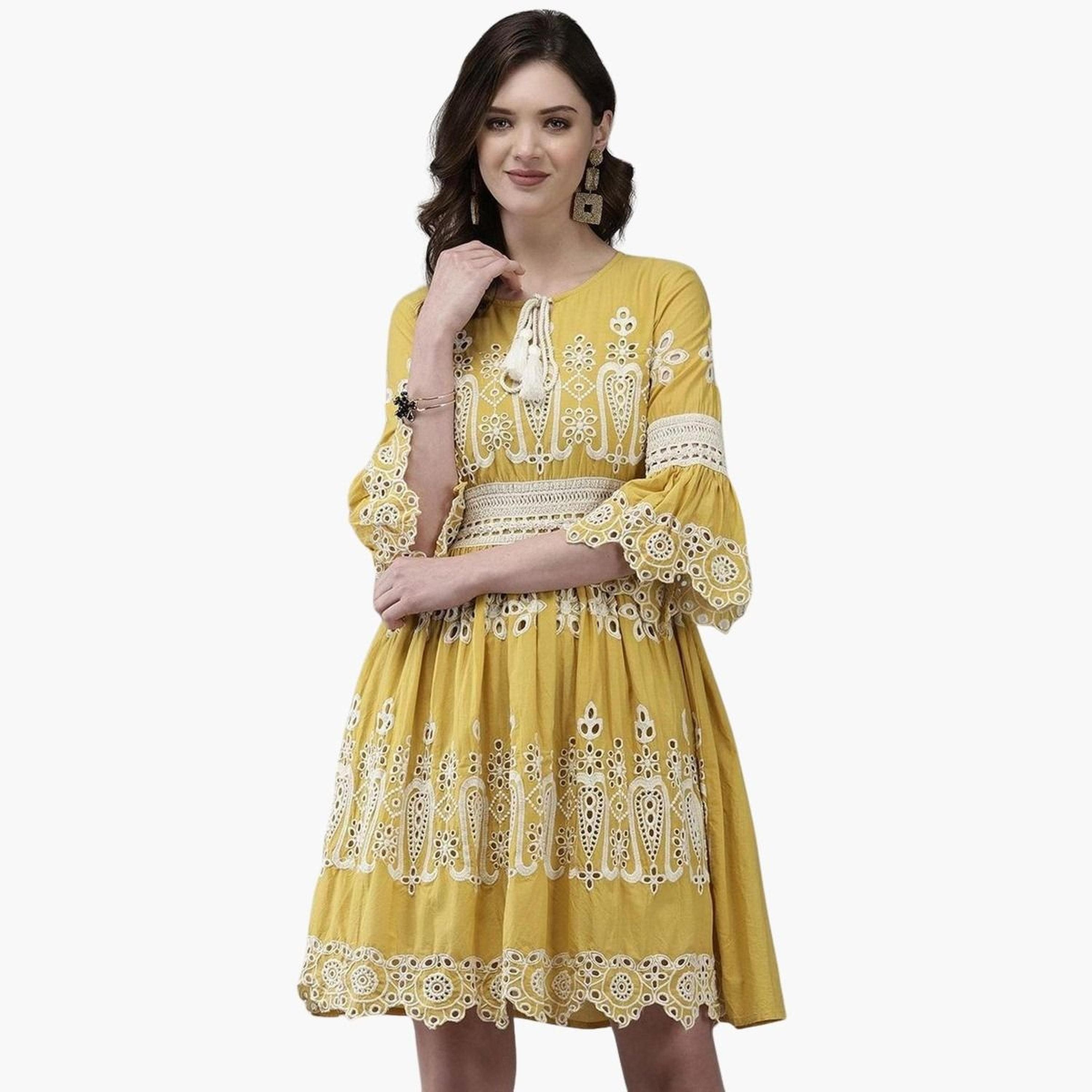 إيشين - توب شيفلي لون خردل لمطرز بطول الركبة-women-clothing-dresses-image-1