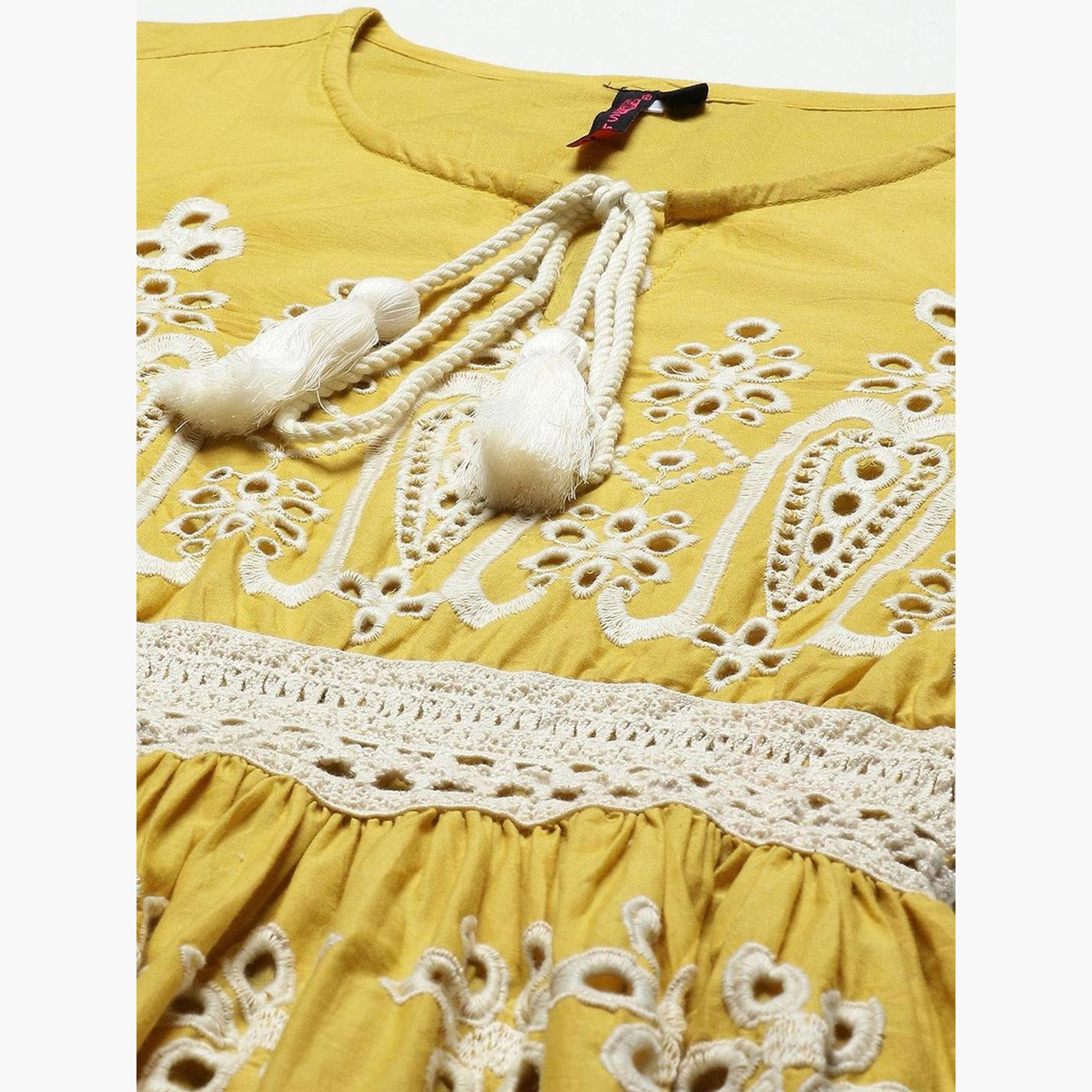 إيشين - توب شيفلي لون خردل لمطرز بطول الركبة-women-clothing-dresses-image-2