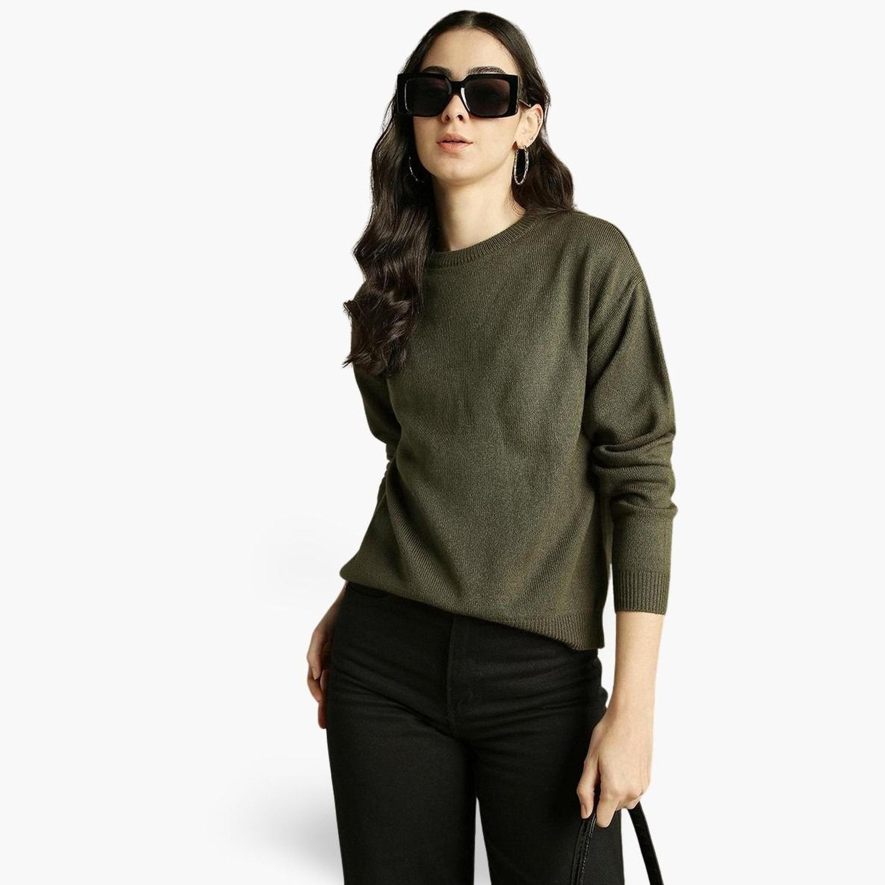 Dennis Lingo Olive Knitted Regular Fit Round Neck Long Sleeves Women's Sweater-women-winterwear-cardigansandjumpers-jumpers-image-1