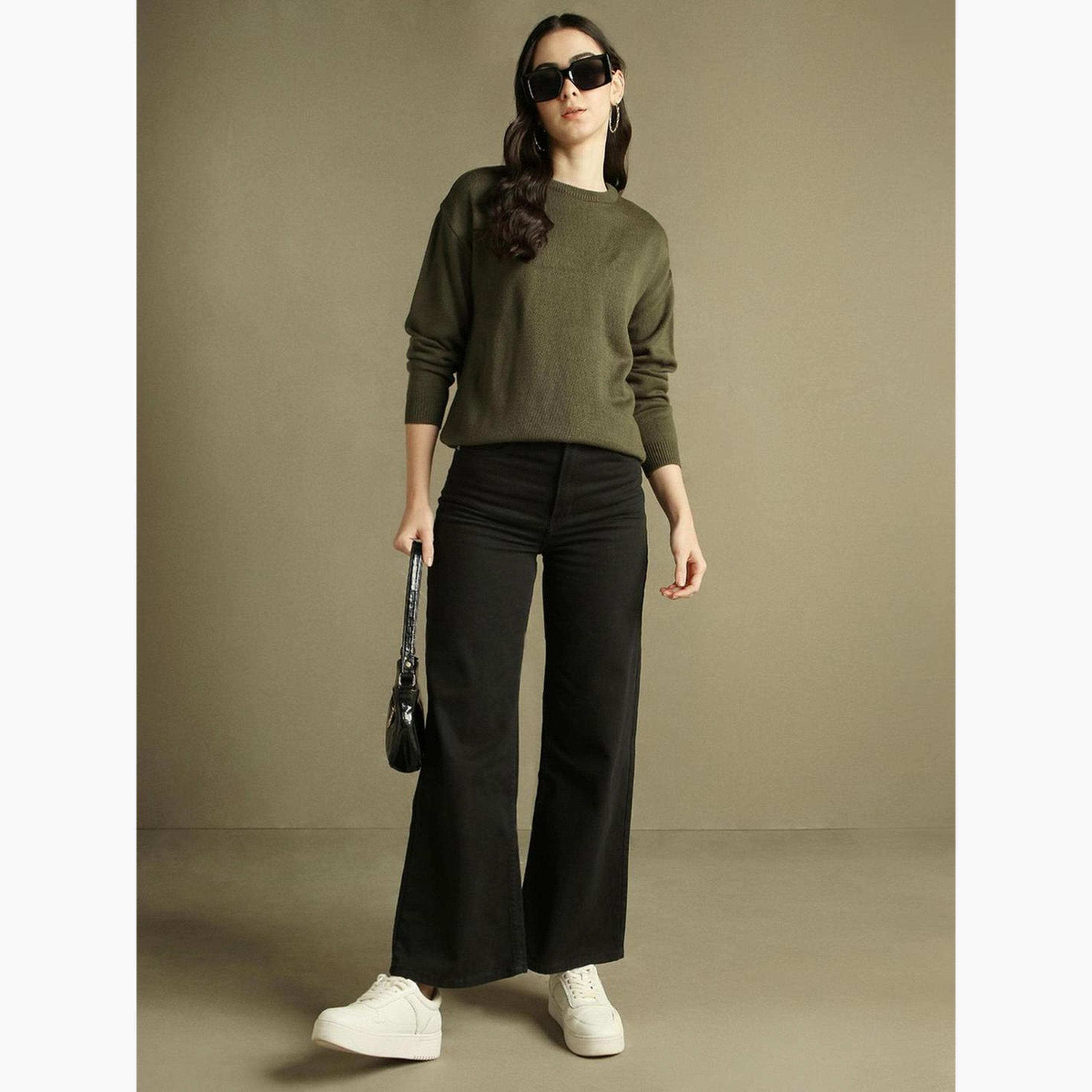Dennis Lingo Olive Knitted Regular Fit Round Neck Long Sleeves Women's Sweater-women-winterwear-cardigansandjumpers-jumpers-image-2